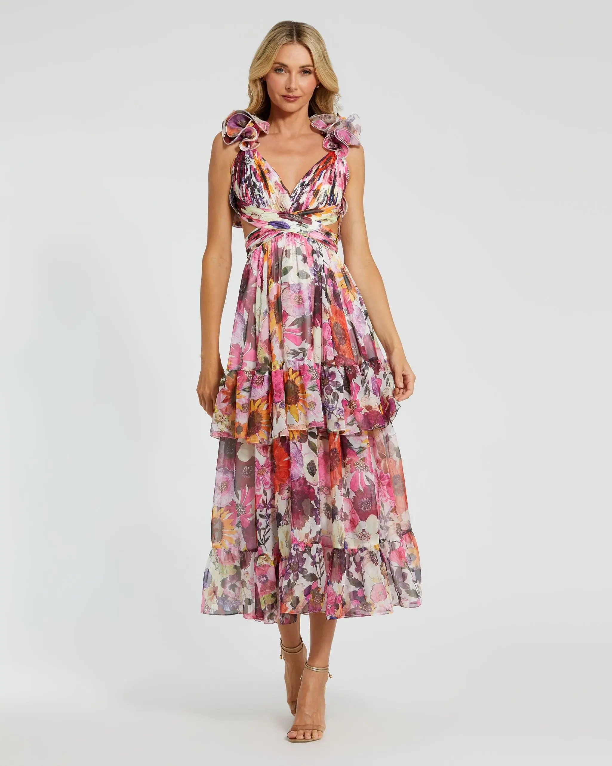 White Floral Chiffon Ruffle Tiered Cut-Out Midi Dress