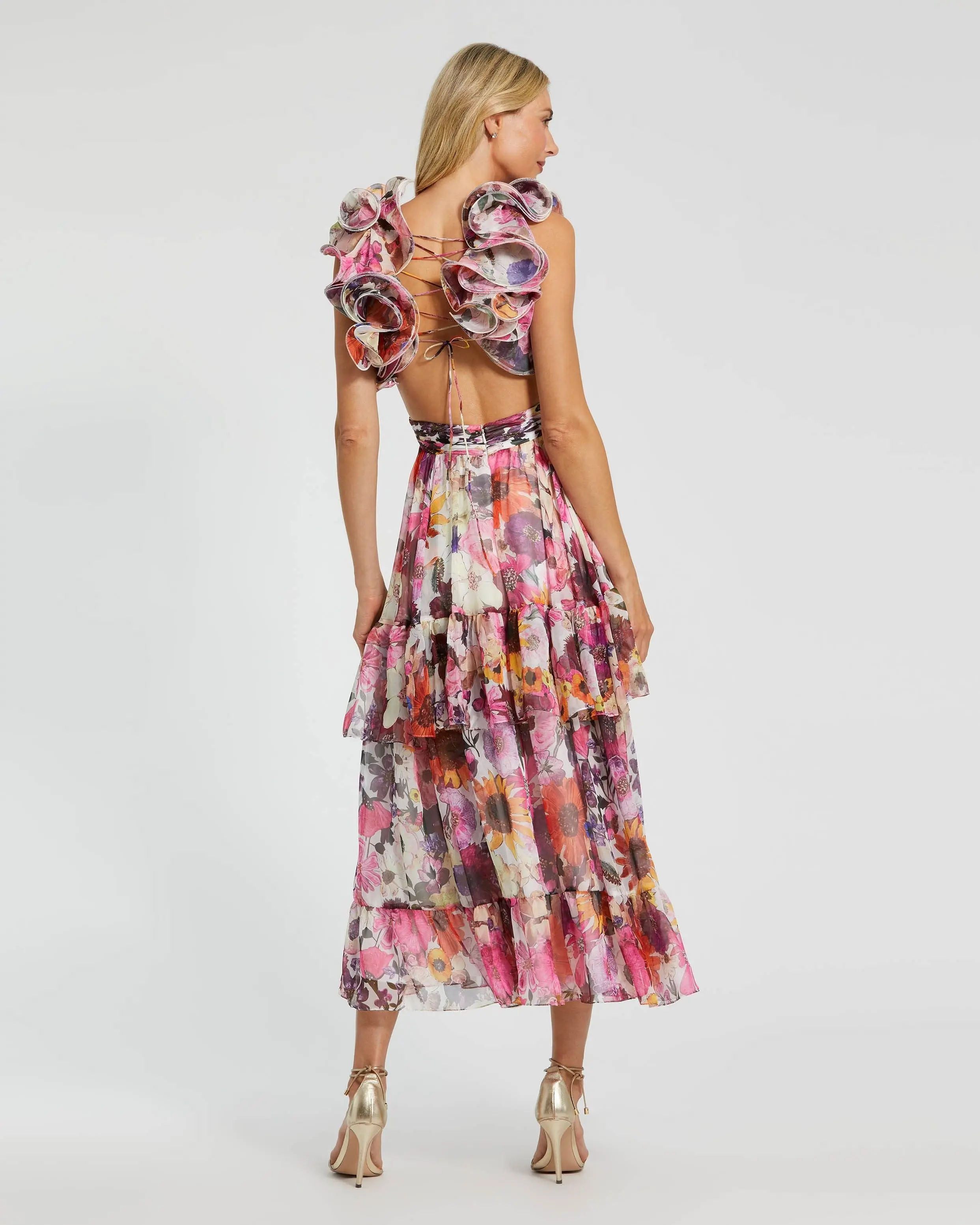 White Floral Chiffon Ruffle Tiered Cut-Out Midi Dress - Image 3