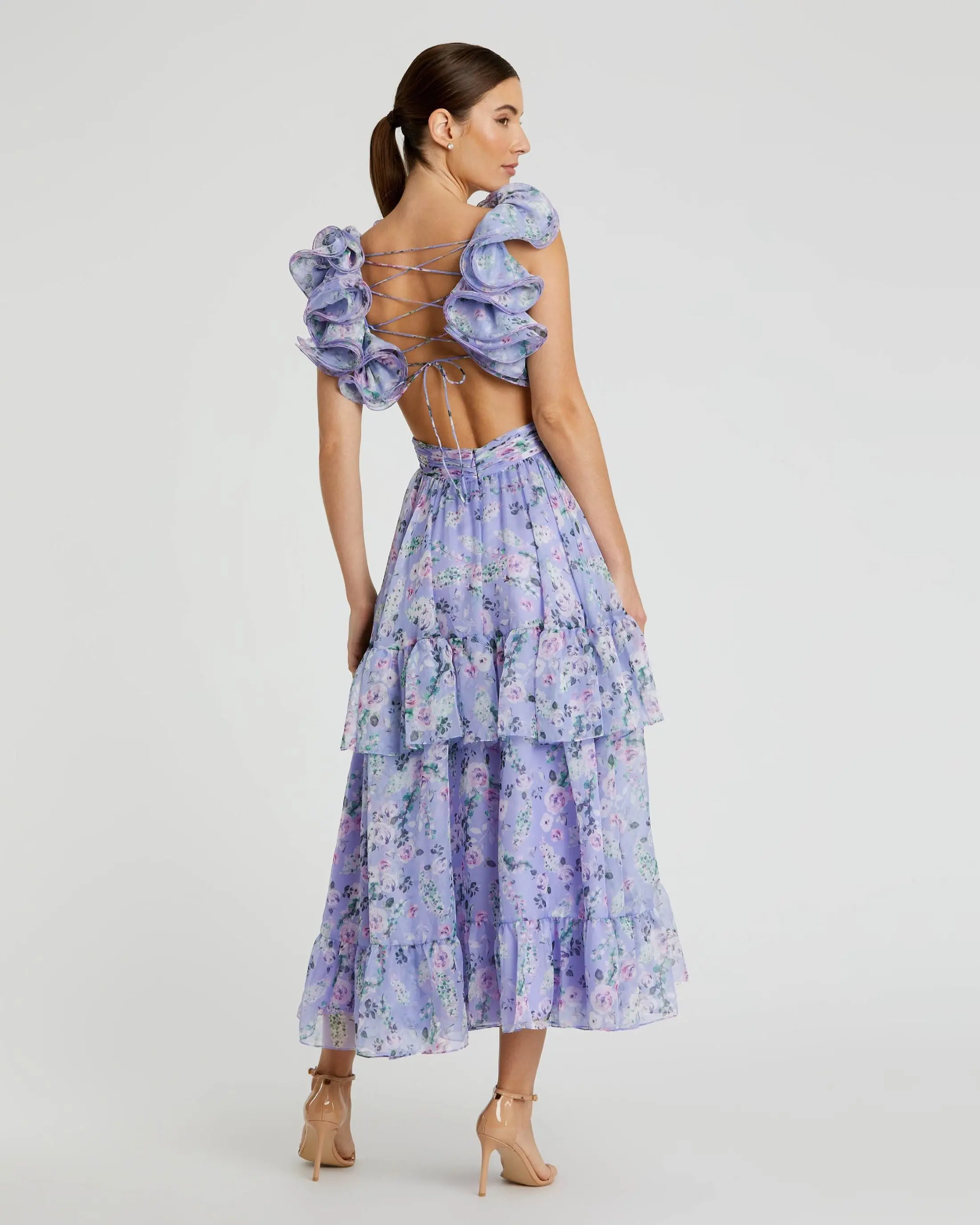 Purple Ruffle Tiered Floral Chiffon Midi Dress - Image 3