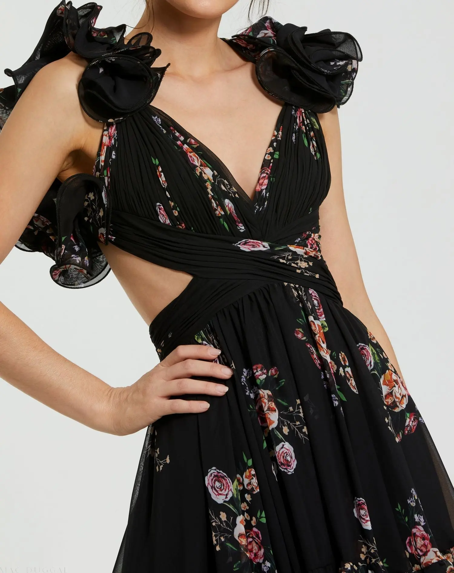 Black Ruffle Tiered Cut-Out Floral Print Chiffon Dress - Image 2
