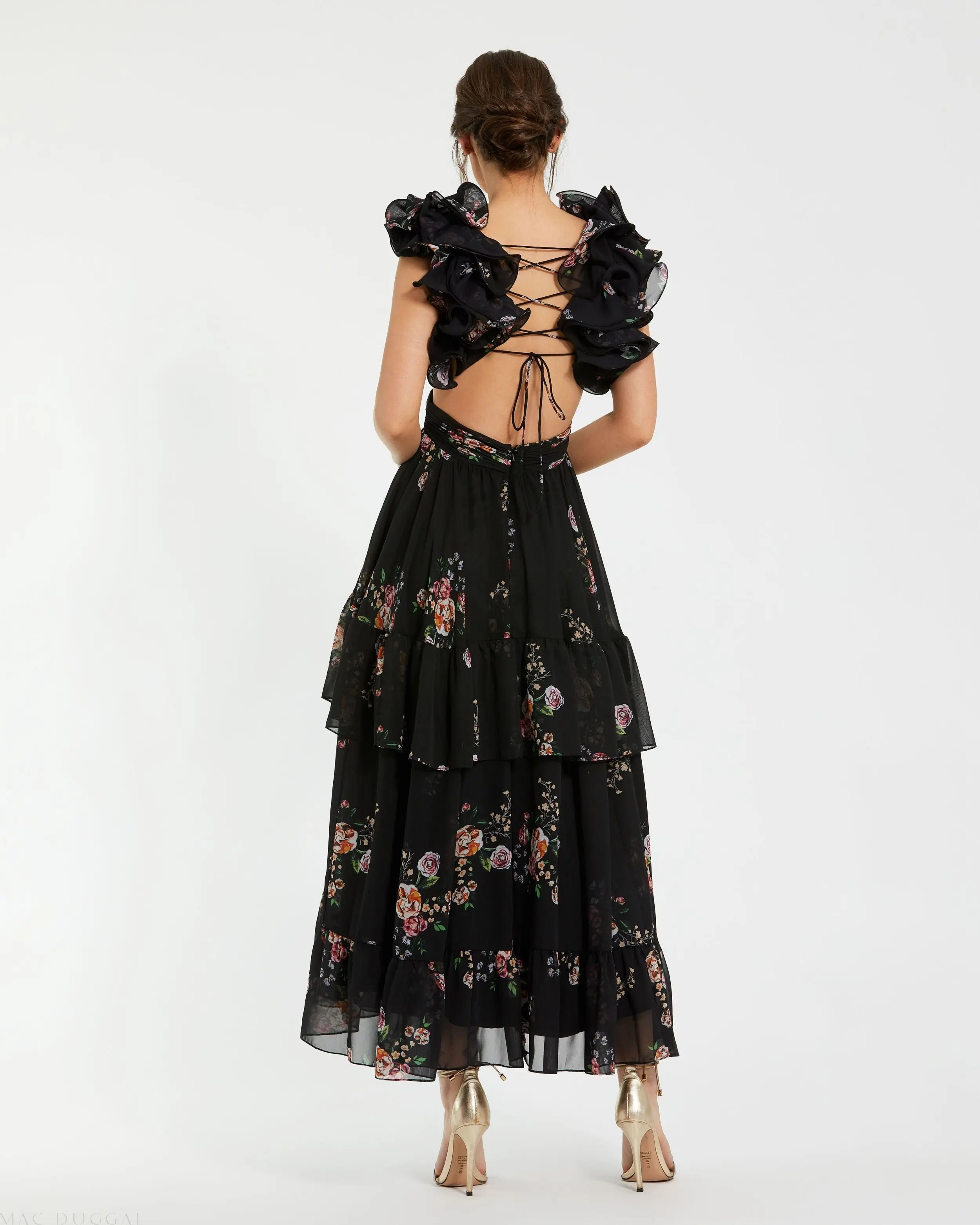Black Ruffle Tiered Cut-Out Floral Print Chiffon Dress - Image 3