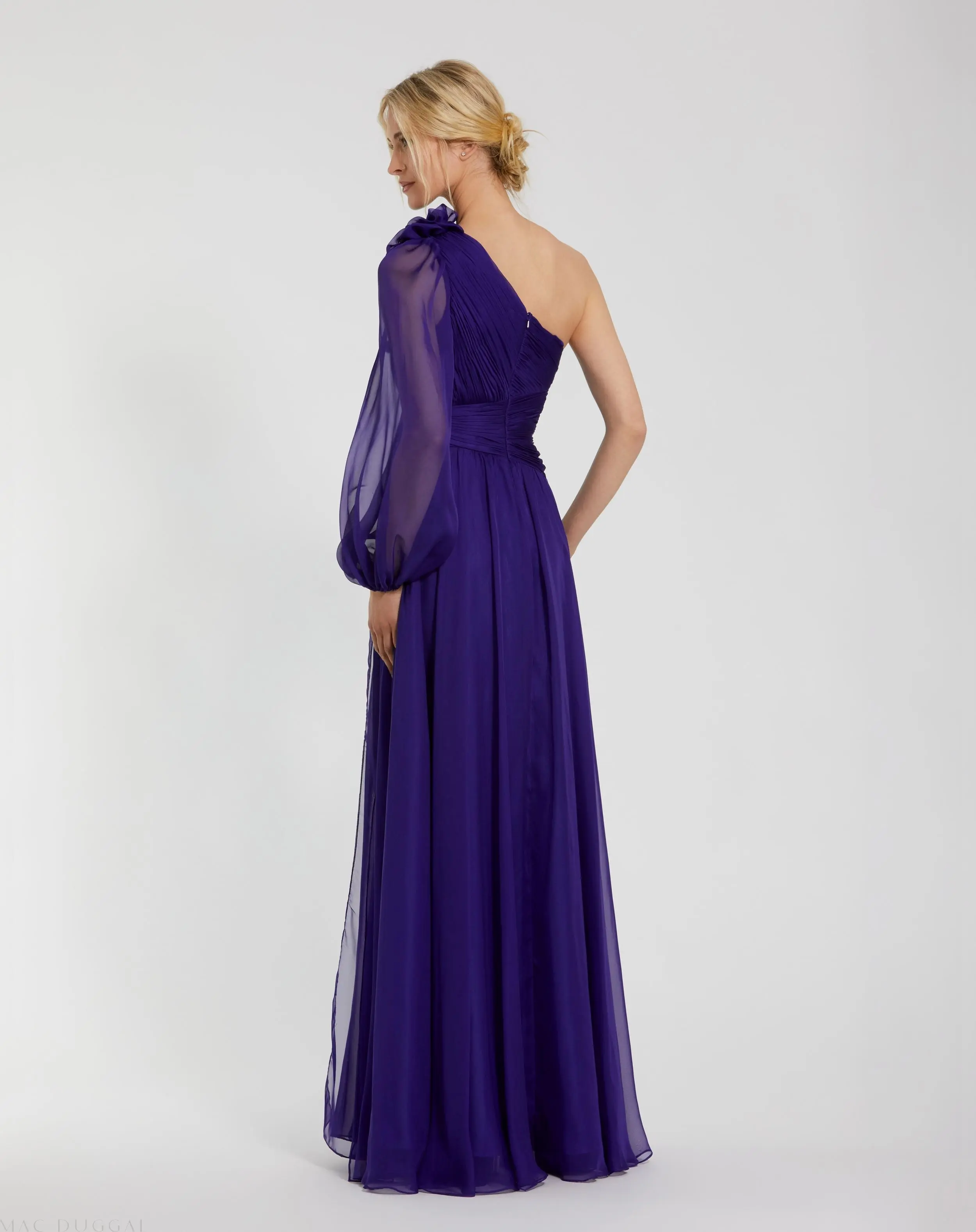 Purple One Sleeve Ruched Chiffon Gown With 3D Flower - Image 3