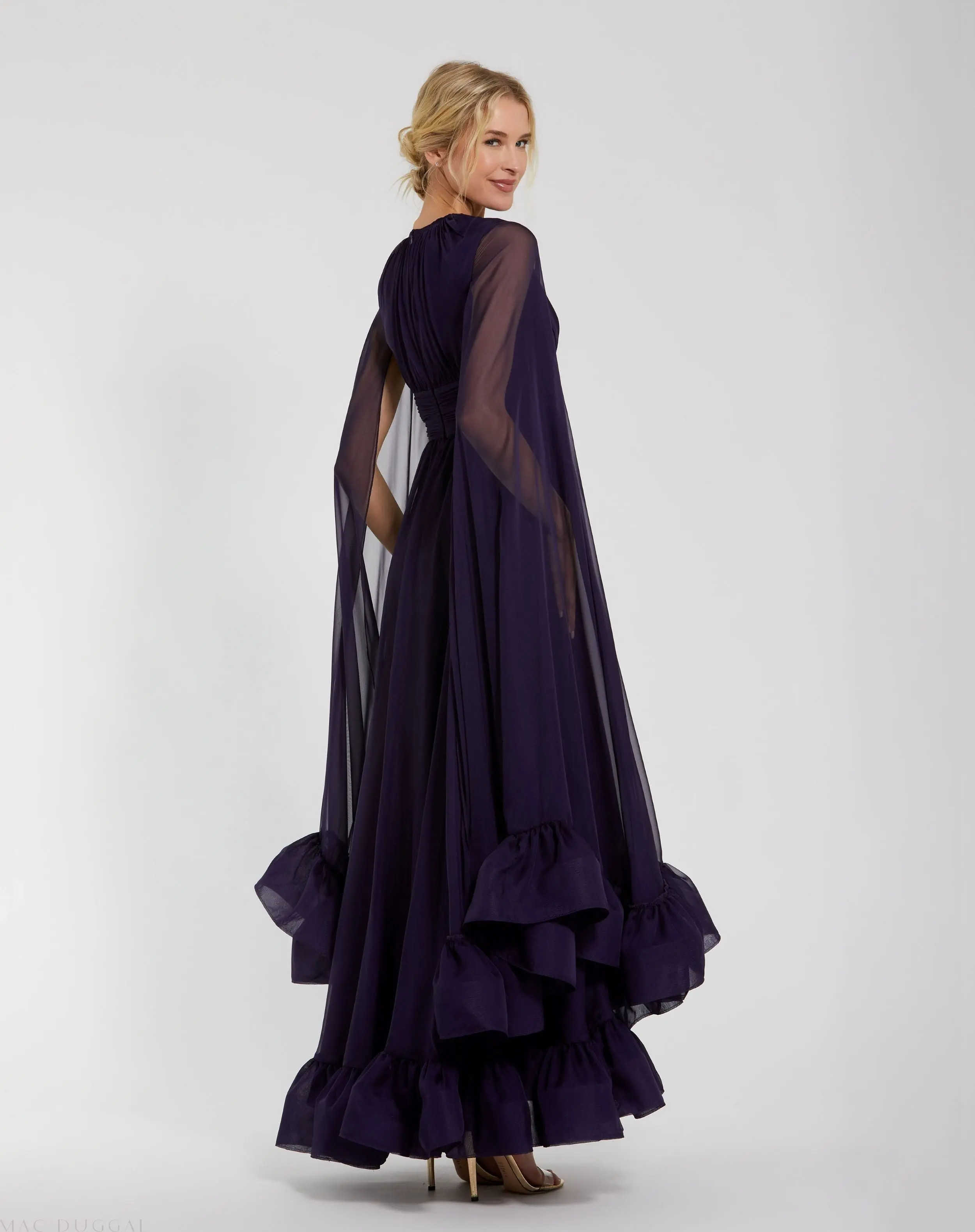 Purple Chiffon Cape Sleeve Ankle-Length Dress With Keyhole - Image 3