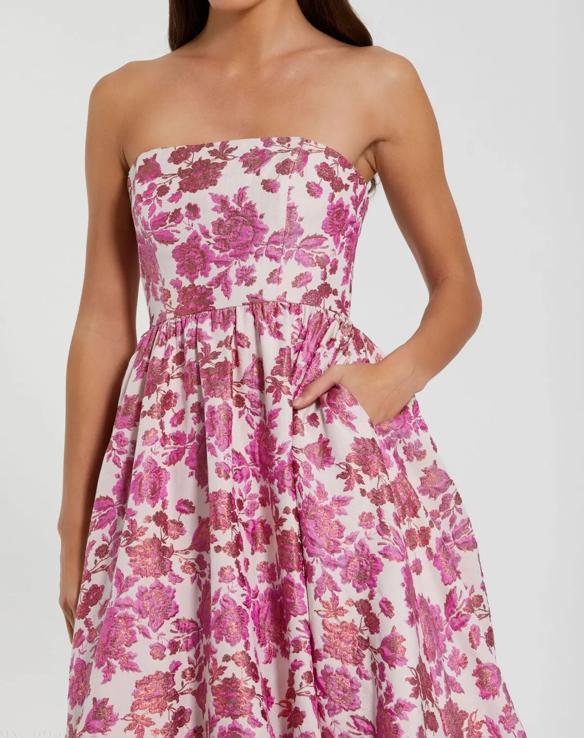 Pink Floral Brocade Strapless A Line Midi Dress - Image 2