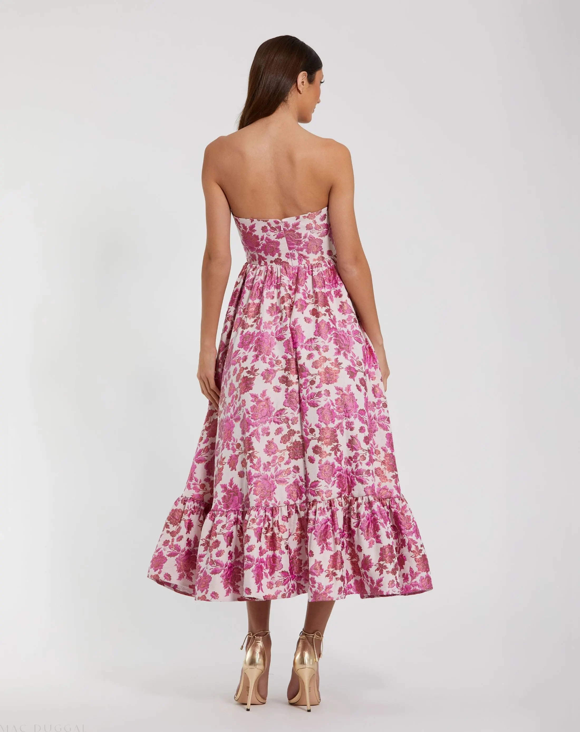 Pink Floral Brocade Strapless A Line Midi Dress - Image 3