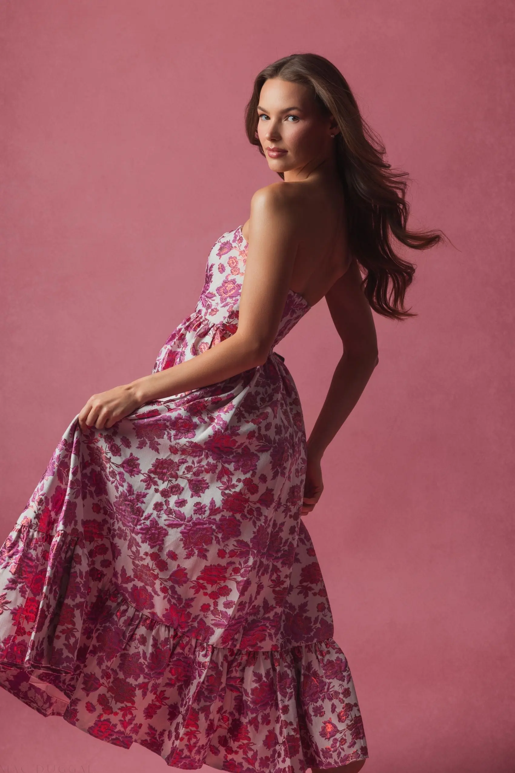 Pink Floral Brocade Strapless A Line Midi Dress - Image 4