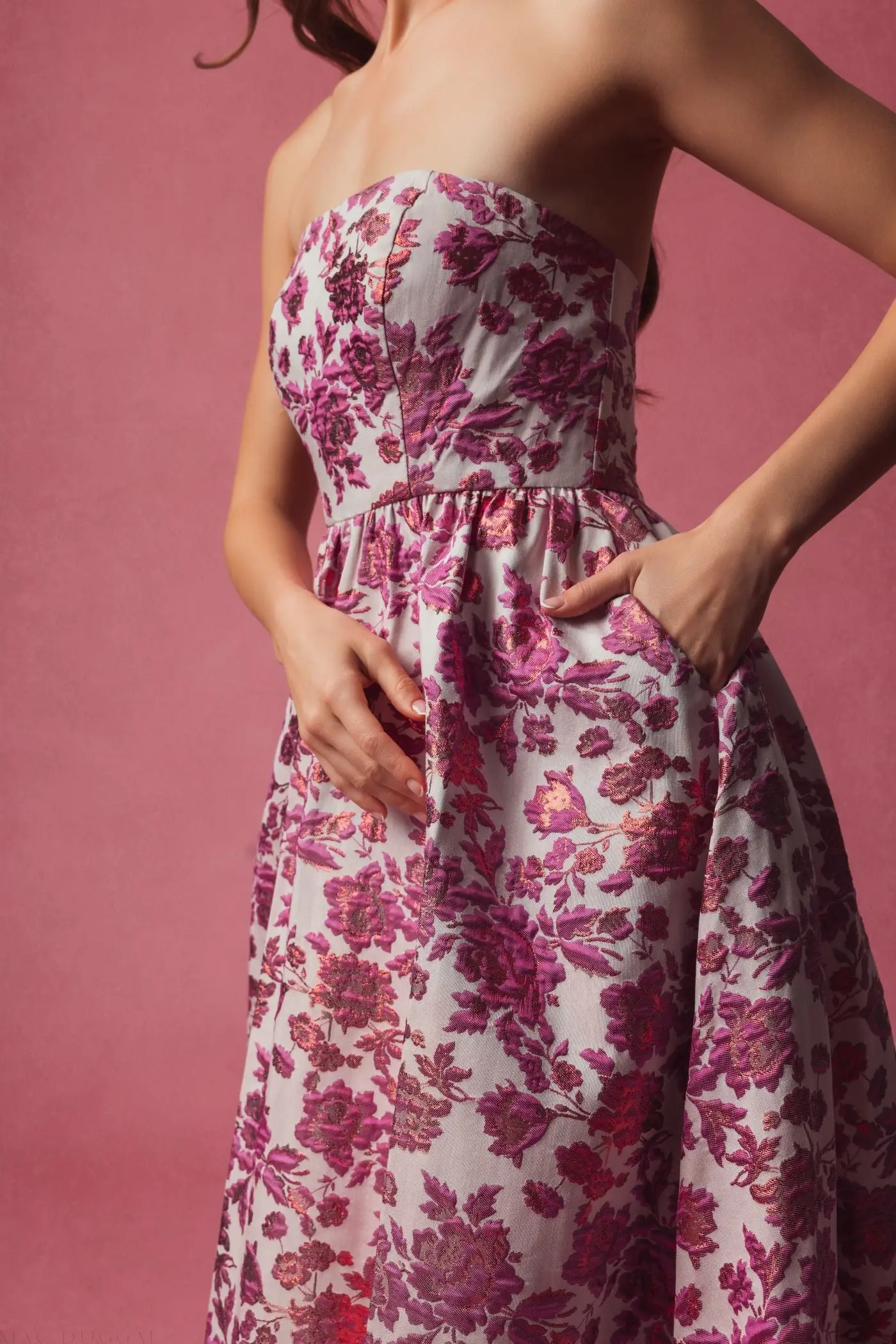 Pink Floral Brocade Strapless A Line Midi Dress - Image 5