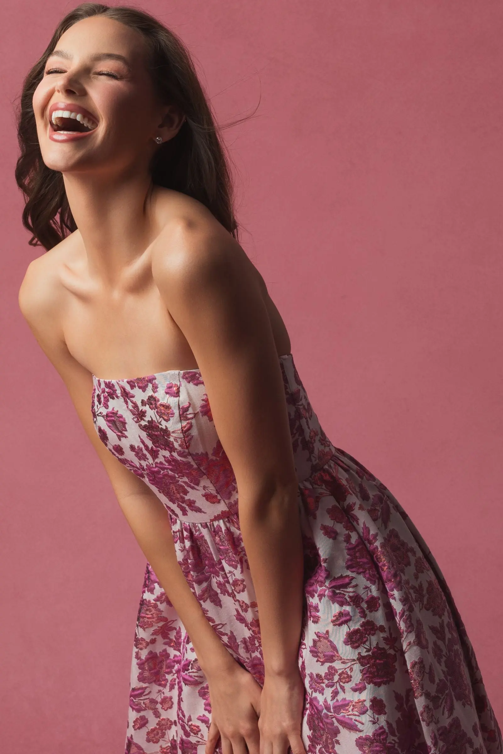 Pink Floral Brocade Strapless A Line Midi Dress - Image 6
