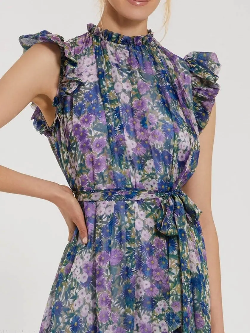 Purple Printed Chiffon Ruffle Sleeve Maxi Dress with Bow Belt - Image 2