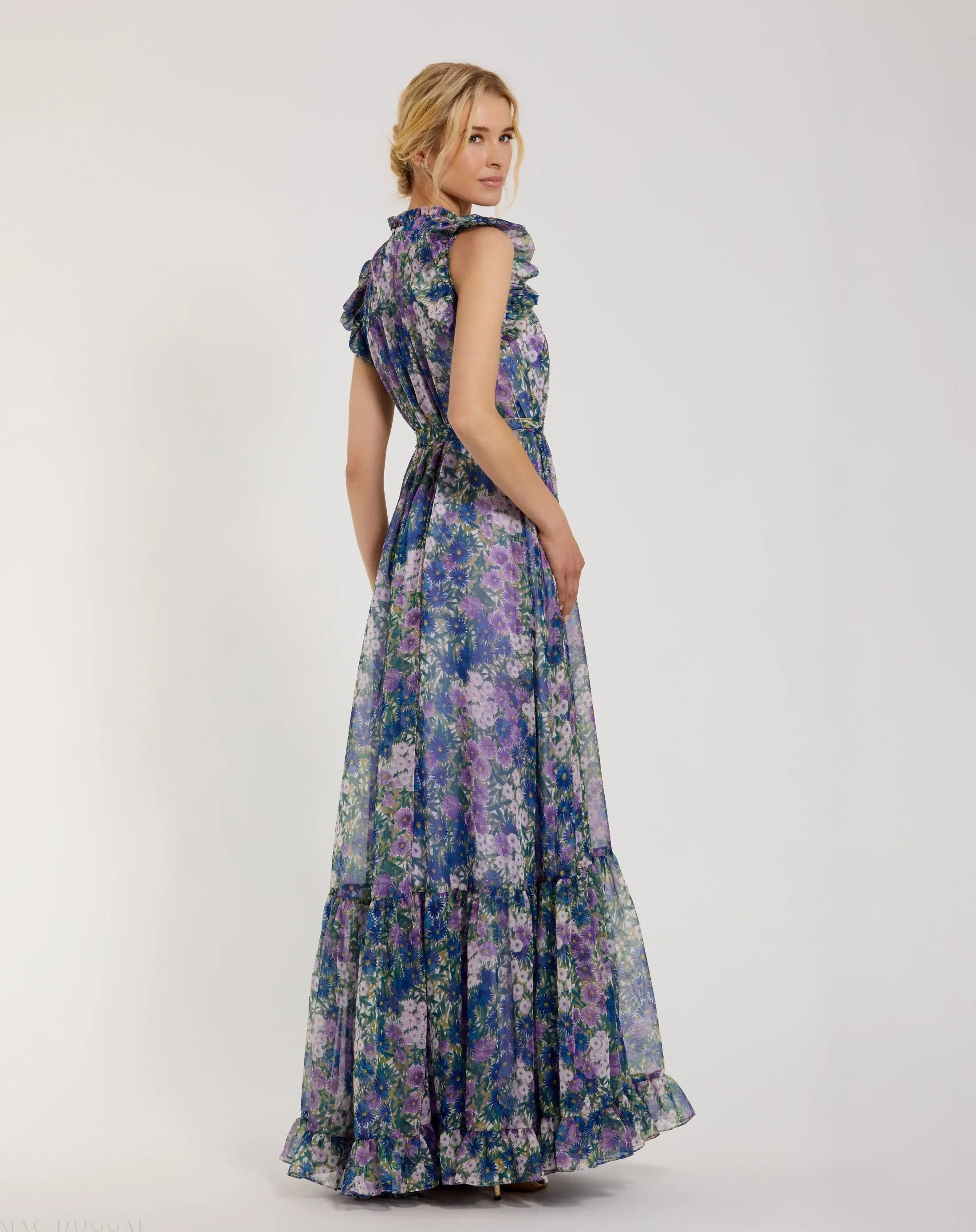 Purple Printed Chiffon Ruffle Sleeve Maxi Dress with Bow Belt - Image 3