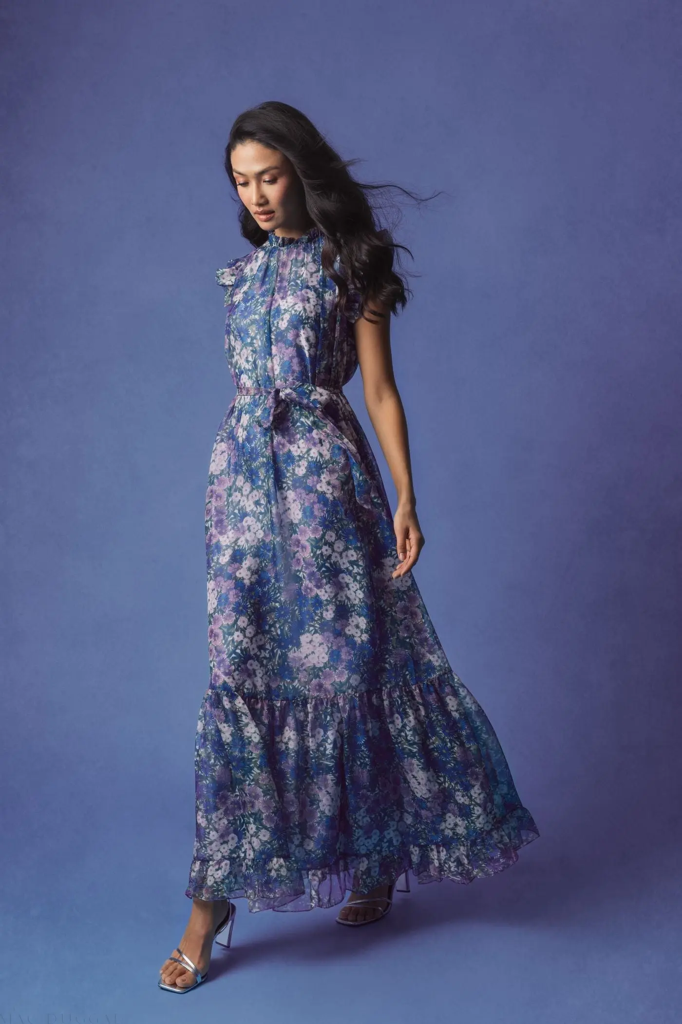Purple Printed Chiffon Ruffle Sleeve Maxi Dress with Bow Belt - Image 4