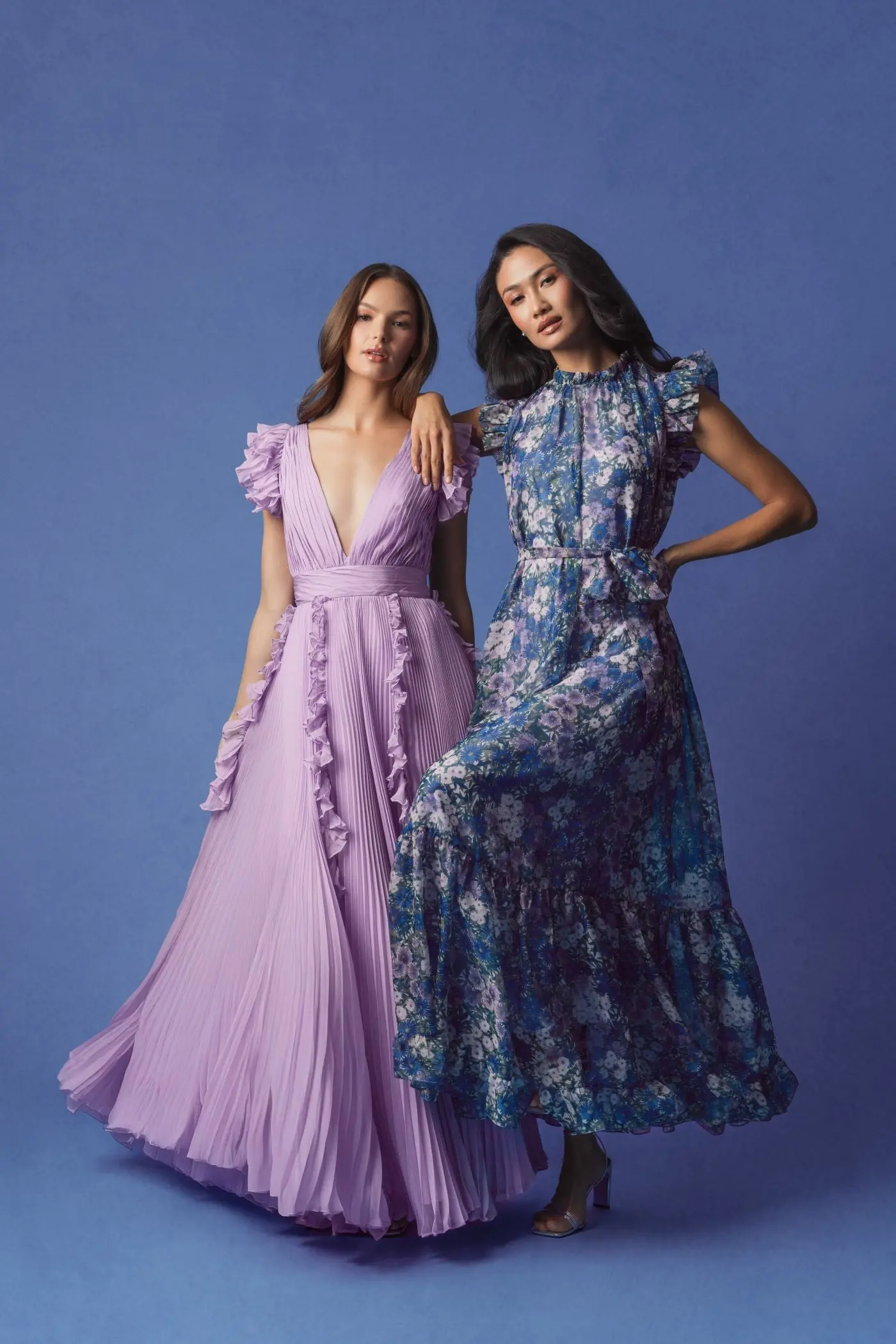 Purple Printed Chiffon Ruffle Sleeve Maxi Dress with Bow Belt - Image 5
