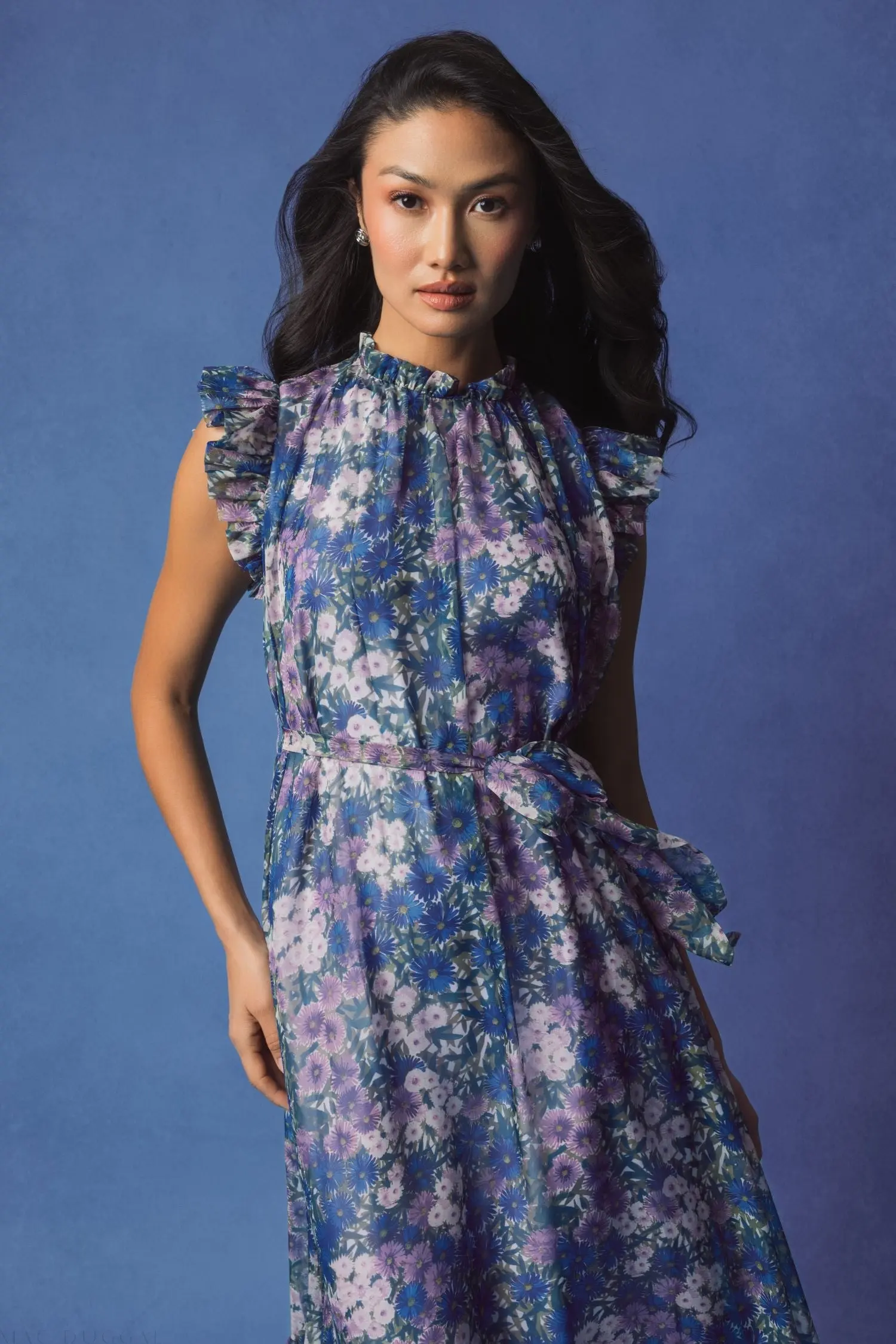Purple Printed Chiffon Ruffle Sleeve Maxi Dress with Bow Belt - Image 6