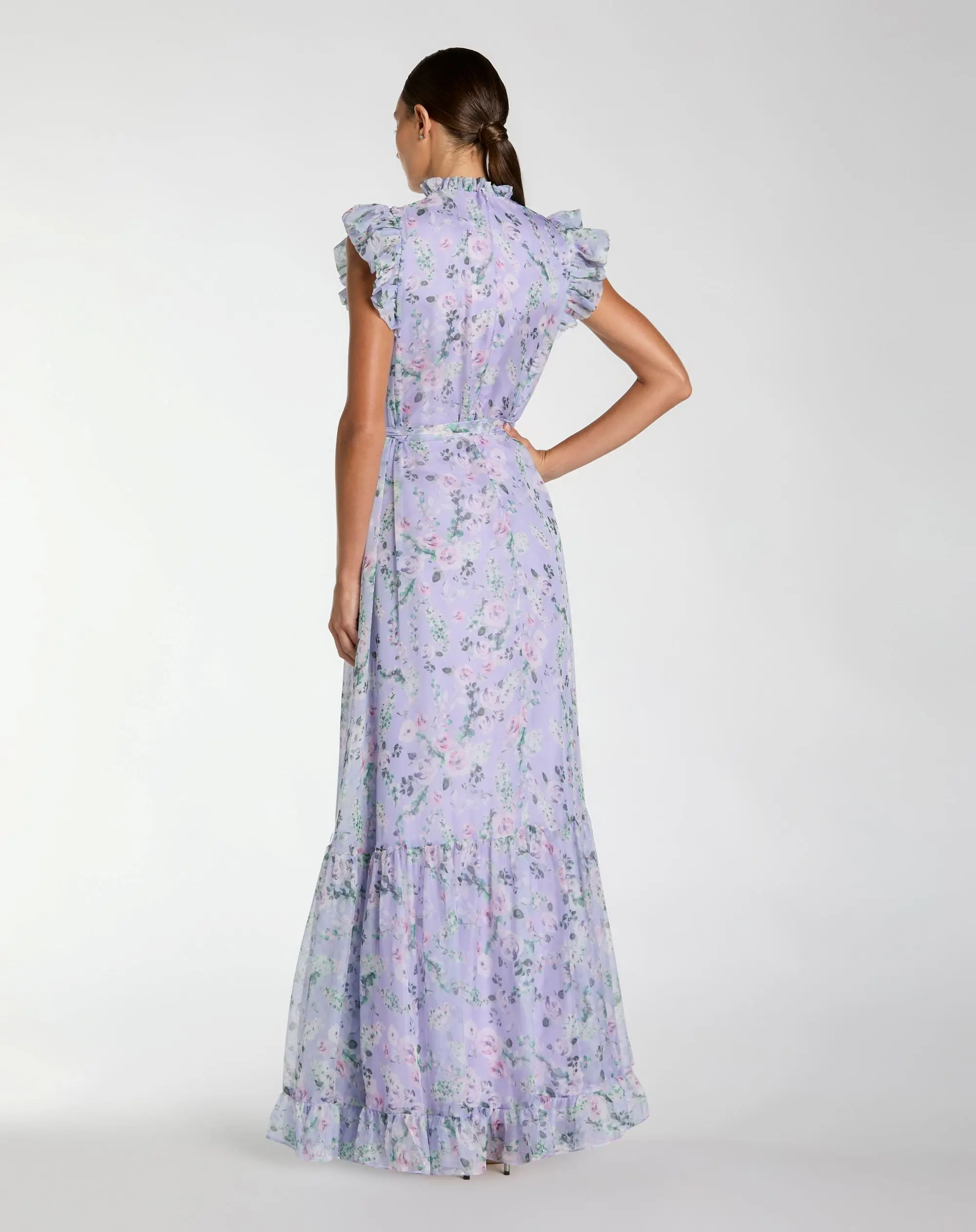 Light Purple Printed Chiffon Ruffle Sleeve Maxi Dress with Bow Belt - Image 3