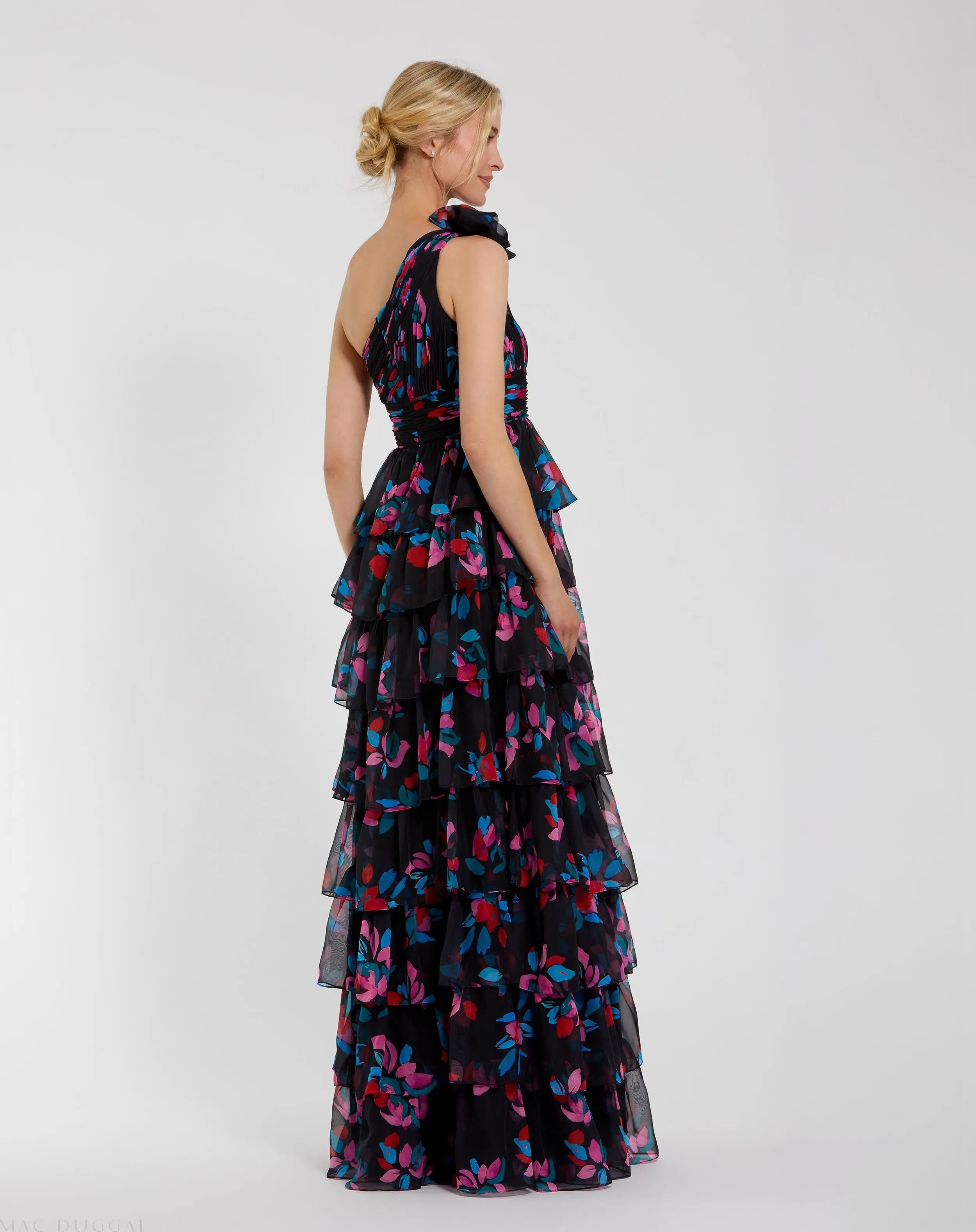 Black Floral Chiffon One Shoulder Tiered Ruffle Gown - Image 3