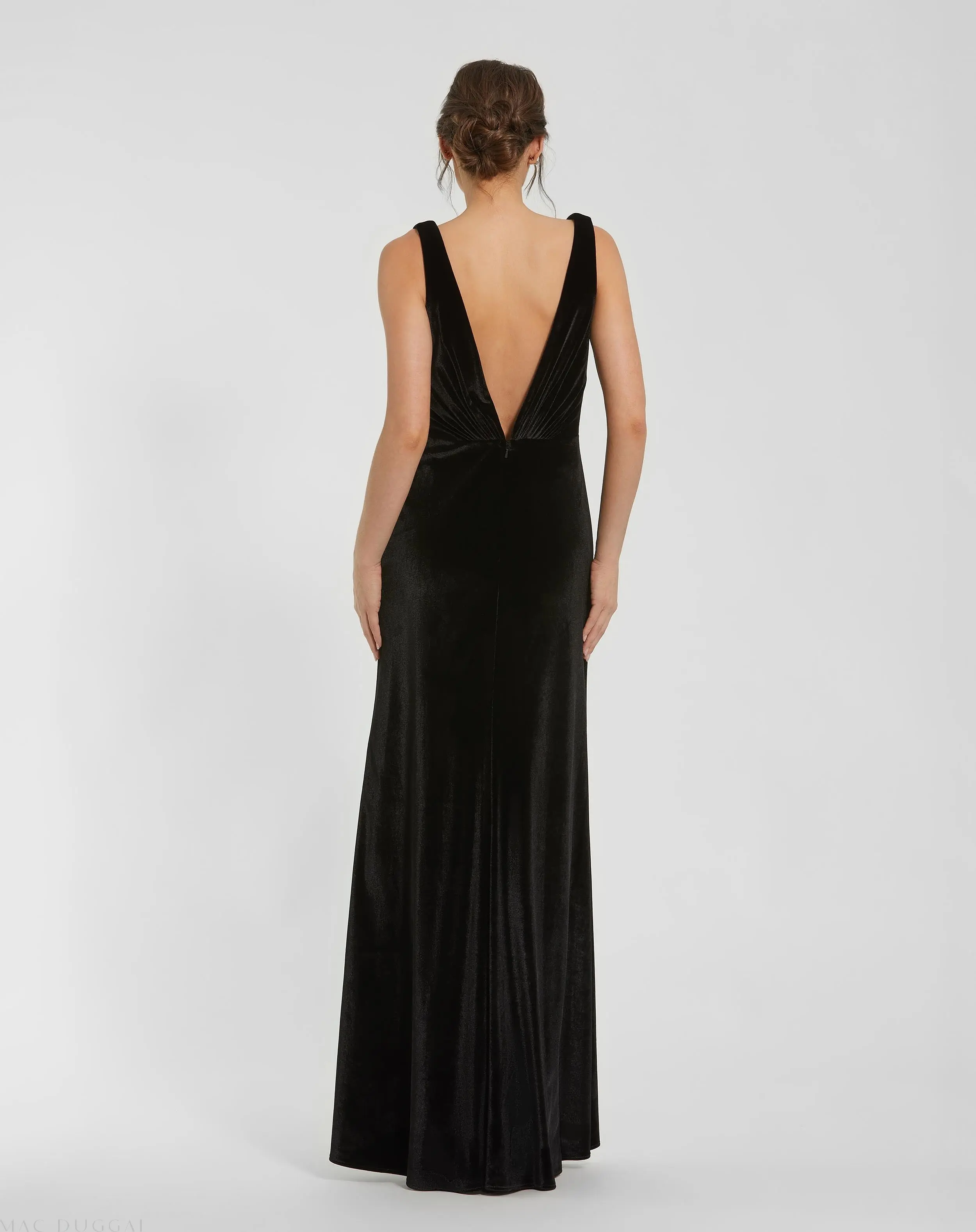 Black Deep V High Slit Draped Velvet Fitted Gown - Image 3