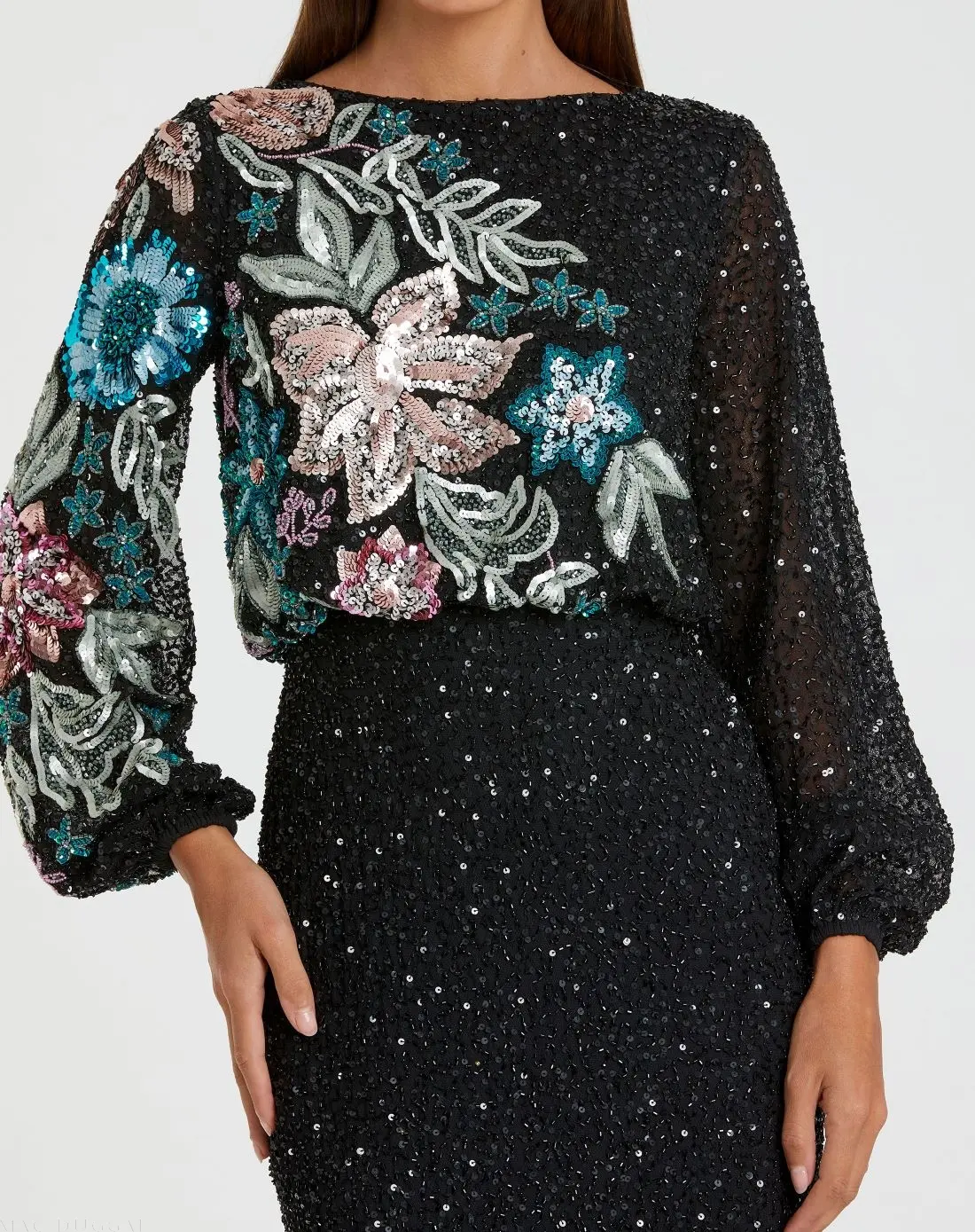 Black High Neck Long Sleeve Sequin Gown - Image 2