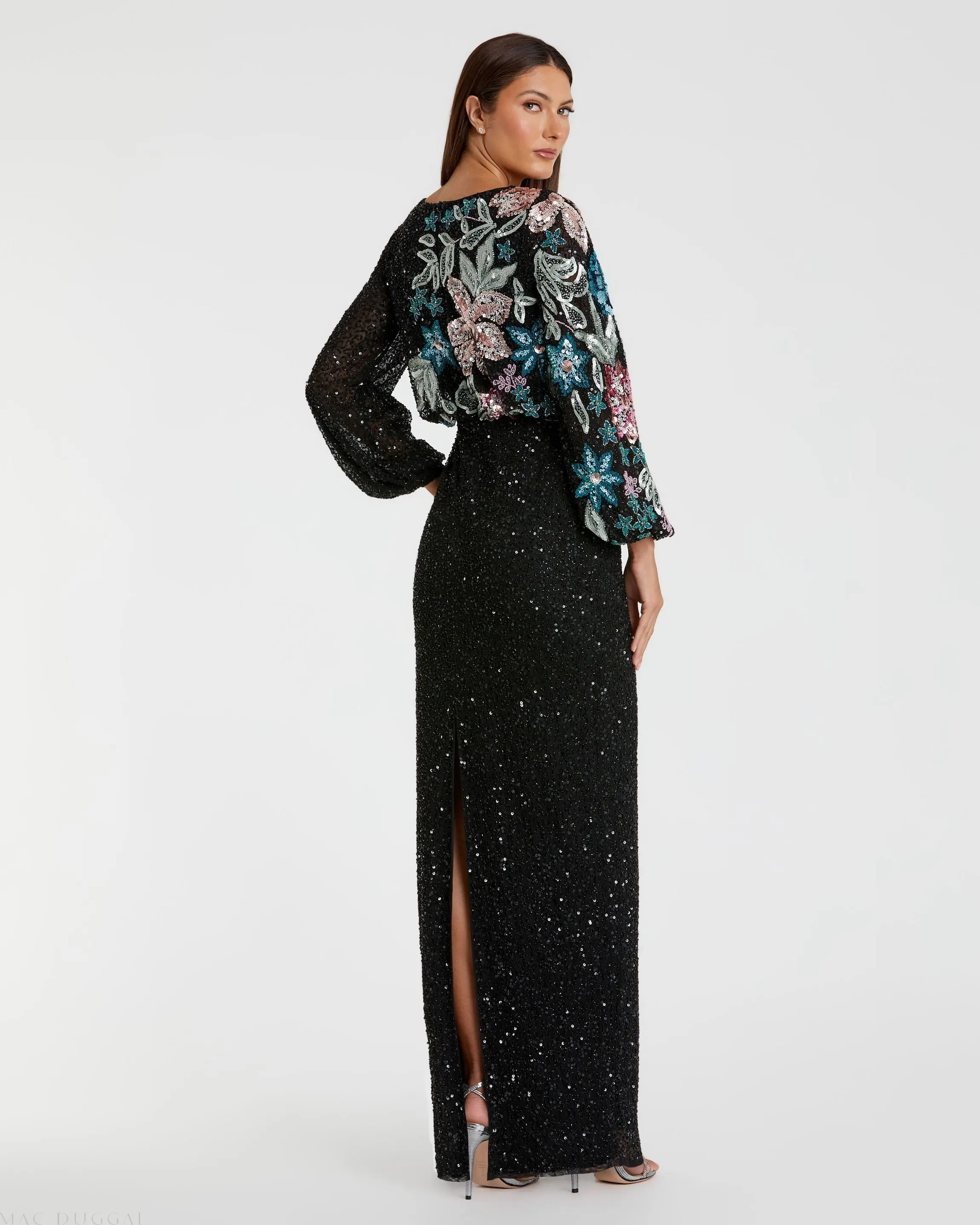 Black High Neck Long Sleeve Sequin Gown - Image 3