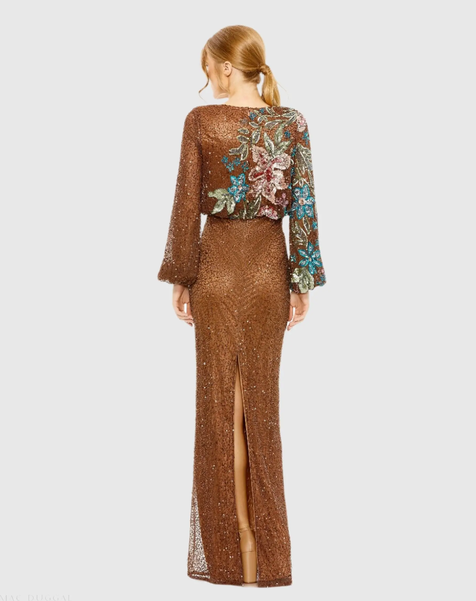 Brown High Neck Long Sleeve Sequin Gown - Image 3