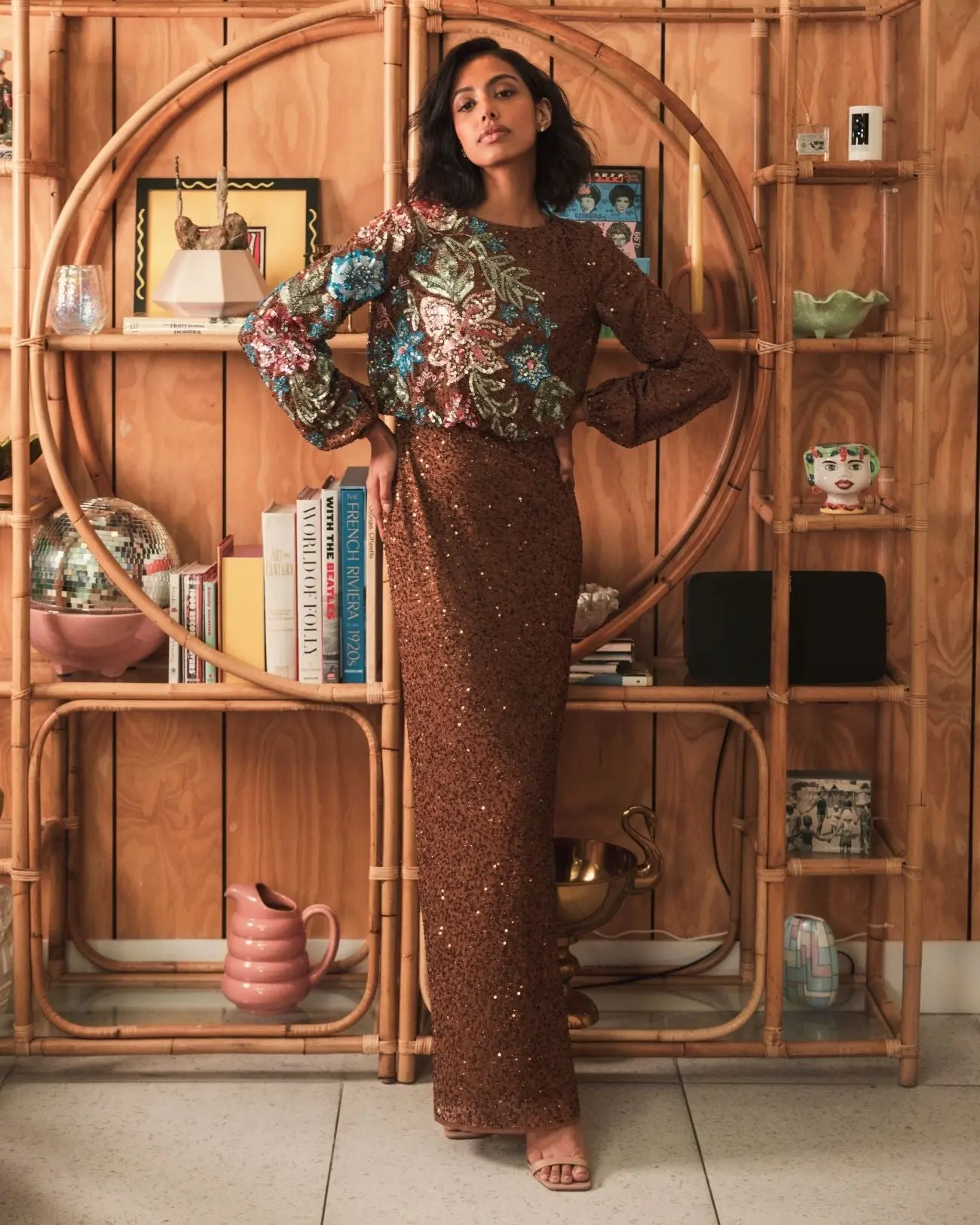 Brown High Neck Long Sleeve Sequin Gown - Image 4