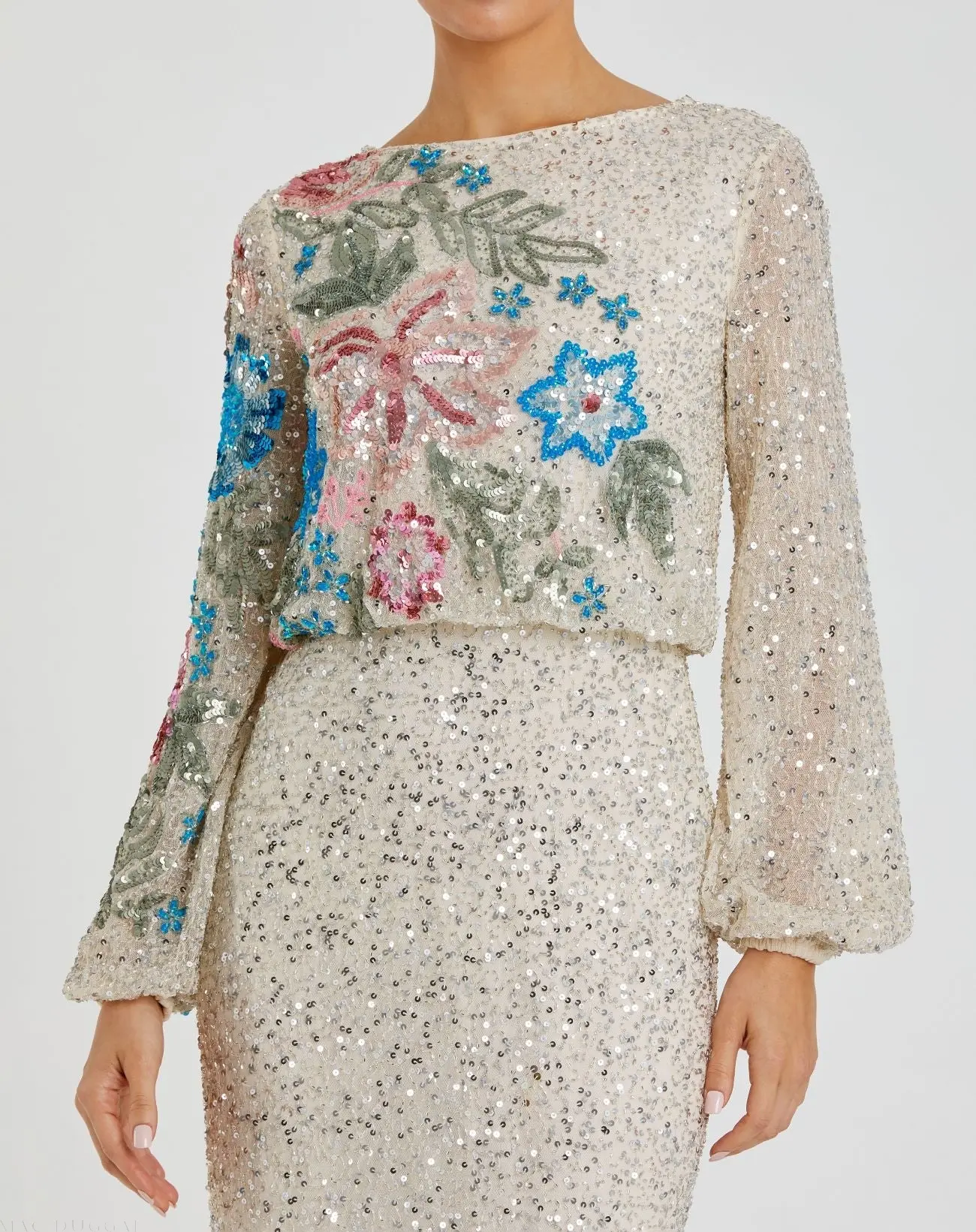Beige High Neck Long Sleeve Sequin Gown - Image 2