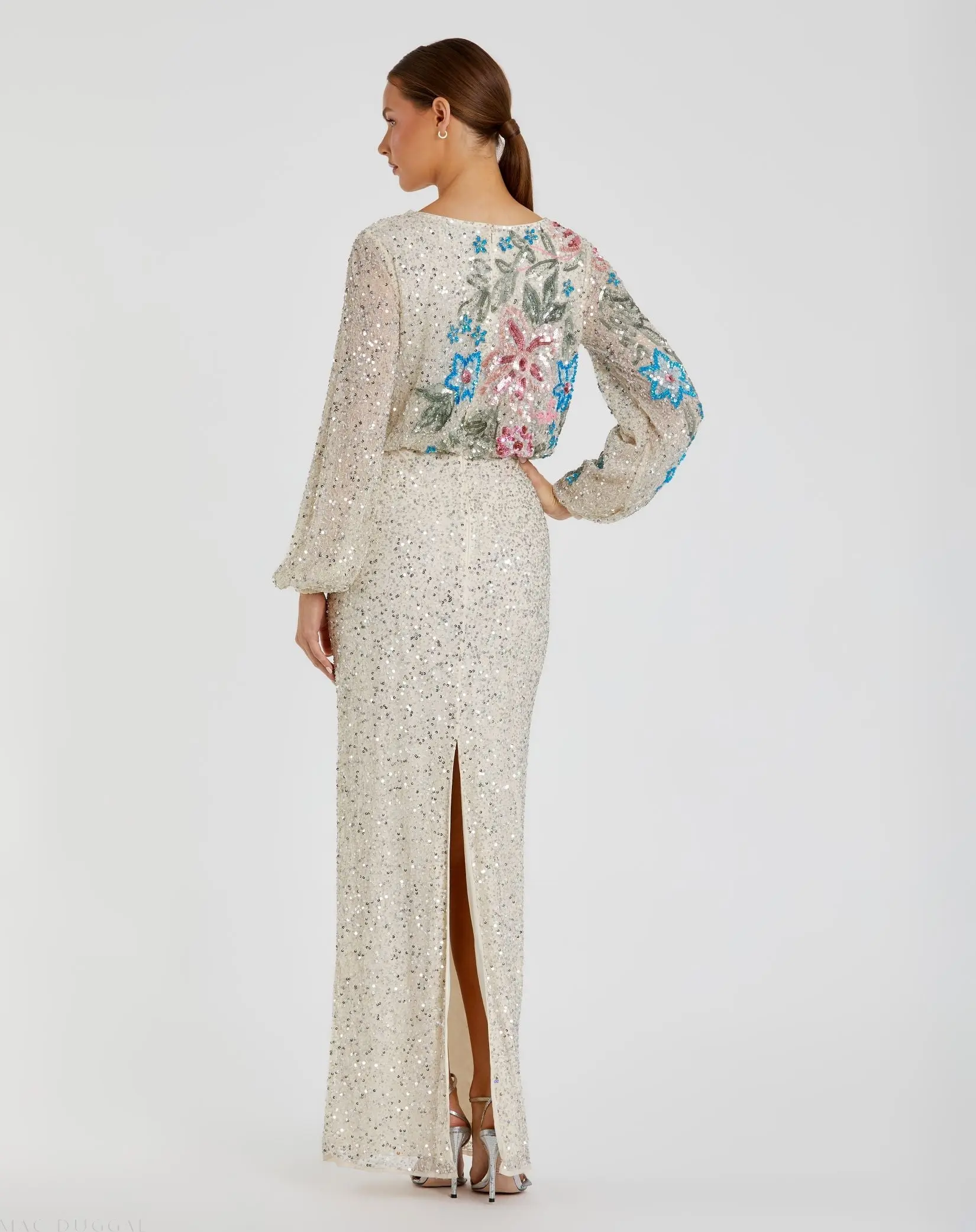 Beige High Neck Long Sleeve Sequin Gown - Image 3