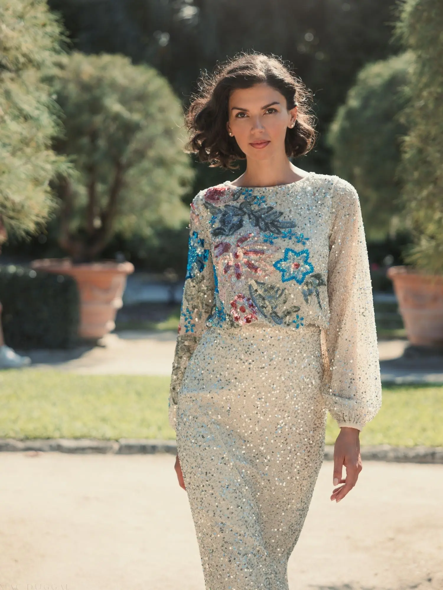 Beige High Neck Long Sleeve Sequin Gown - Image 4