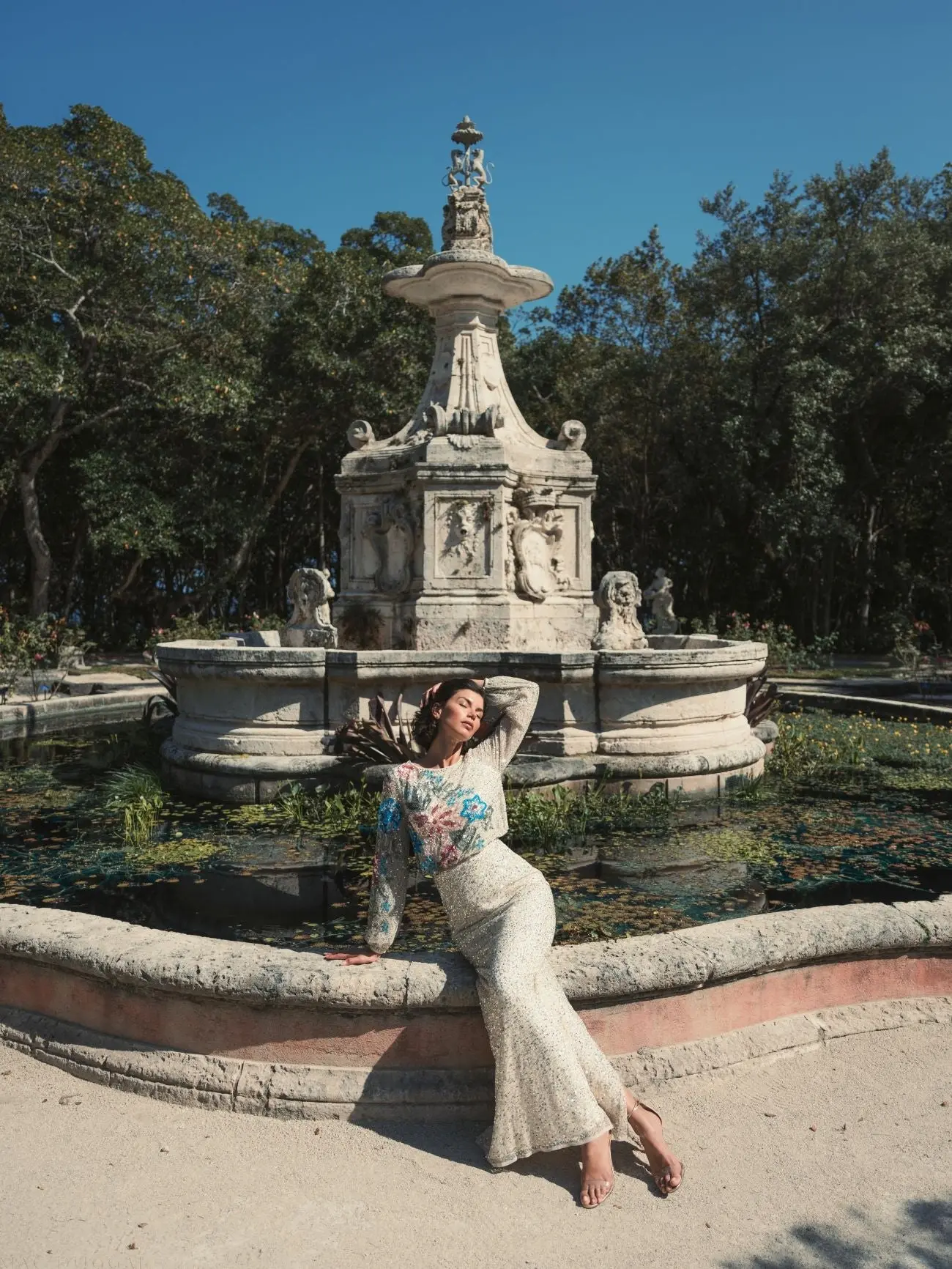 Beige High Neck Long Sleeve Sequin Gown - Image 5