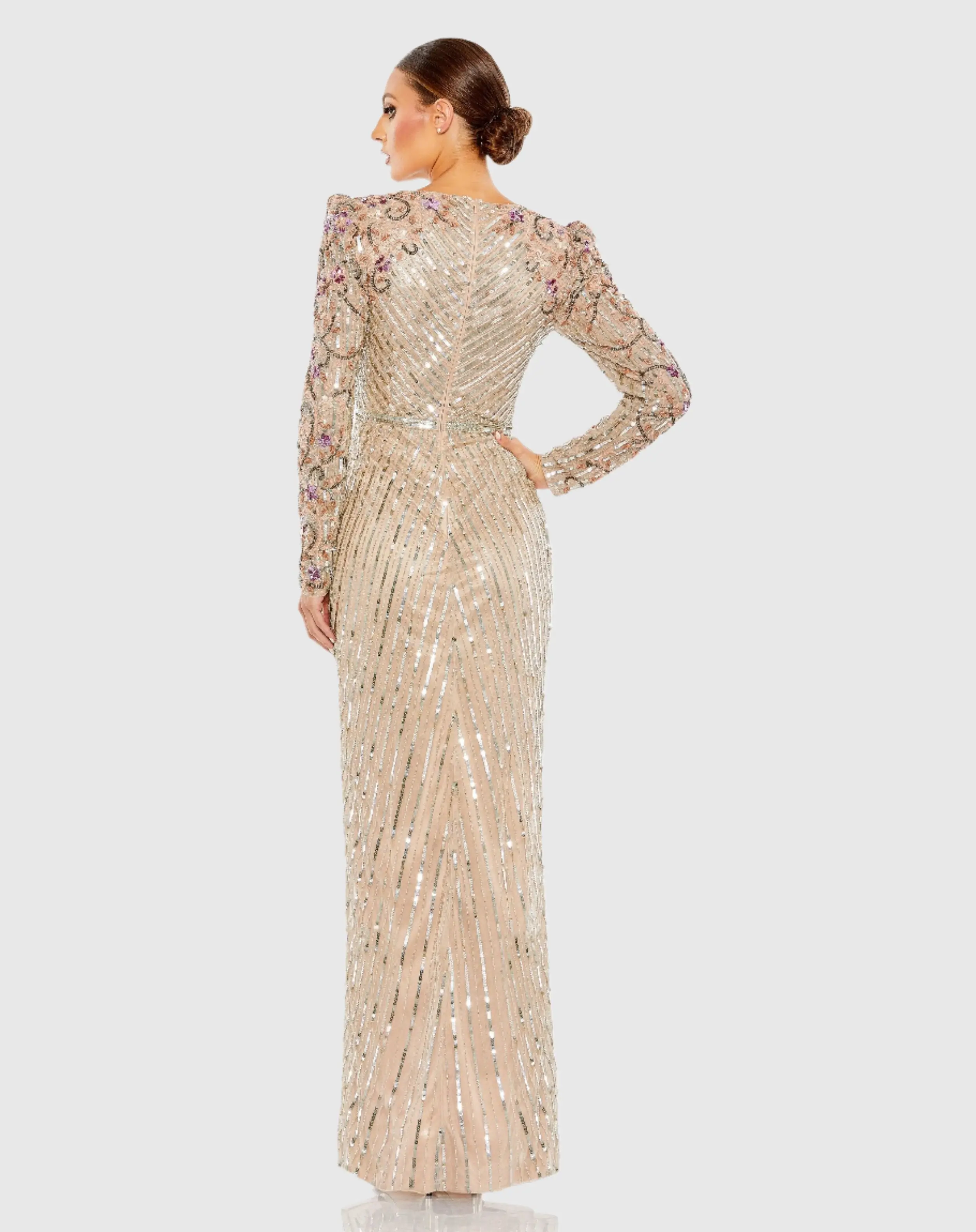 Beige Long Sleeve Embellished Puff Sleeve Faux Wrap Gown - Image 3