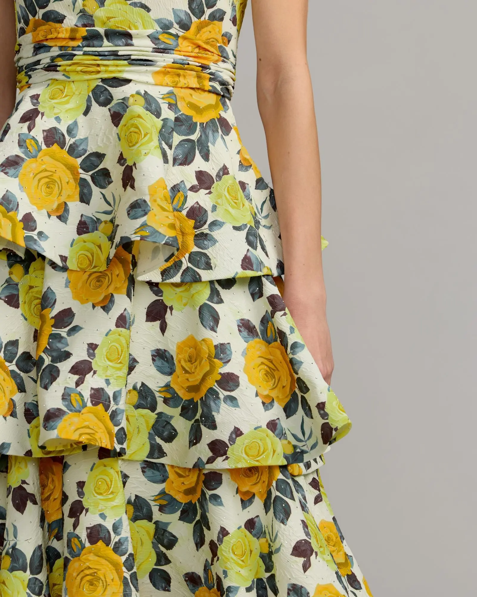 Yellow One Shoulder Floral Tiered Midi Dress - Image 3