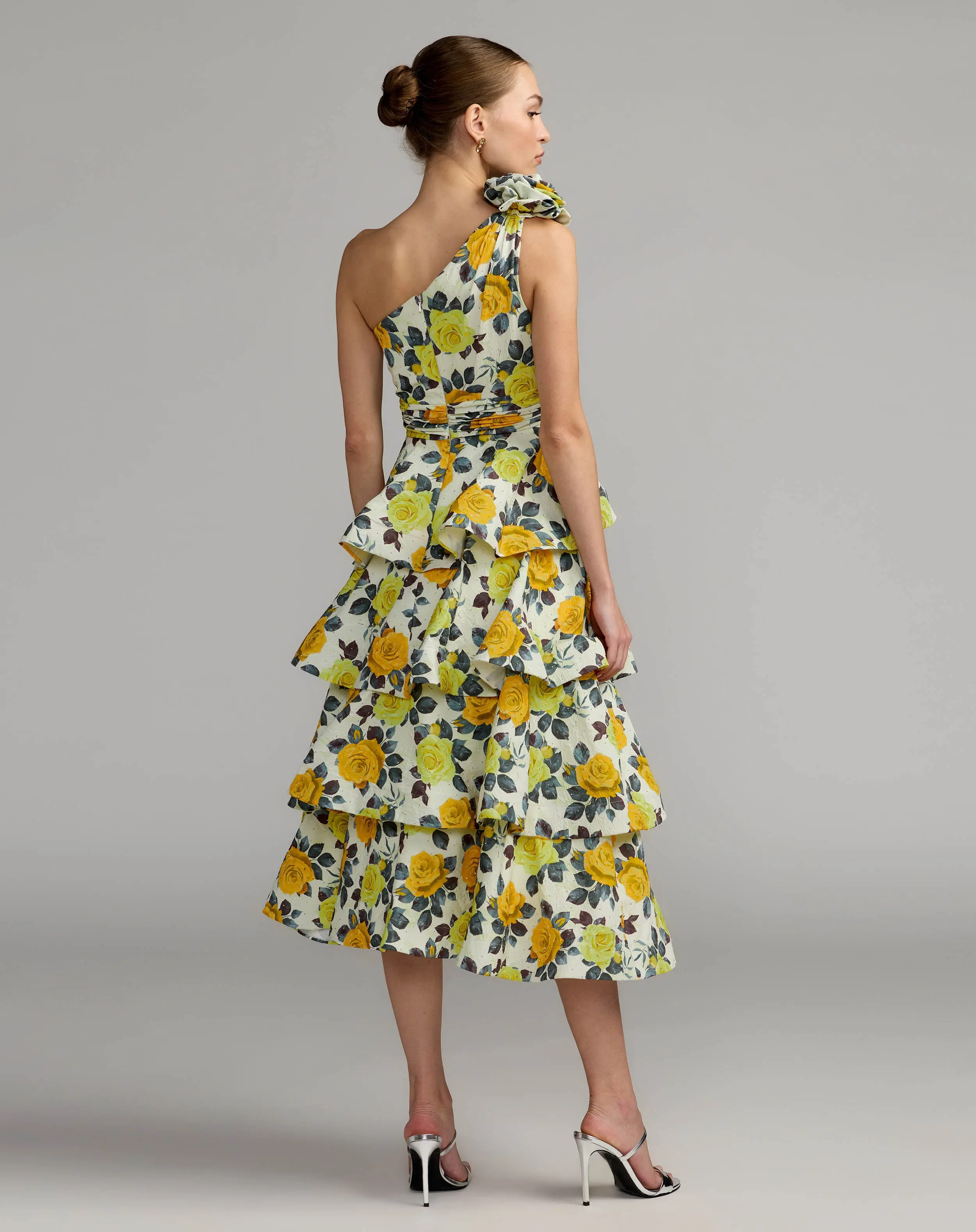 Yellow One Shoulder Floral Tiered Midi Dress - Image 4