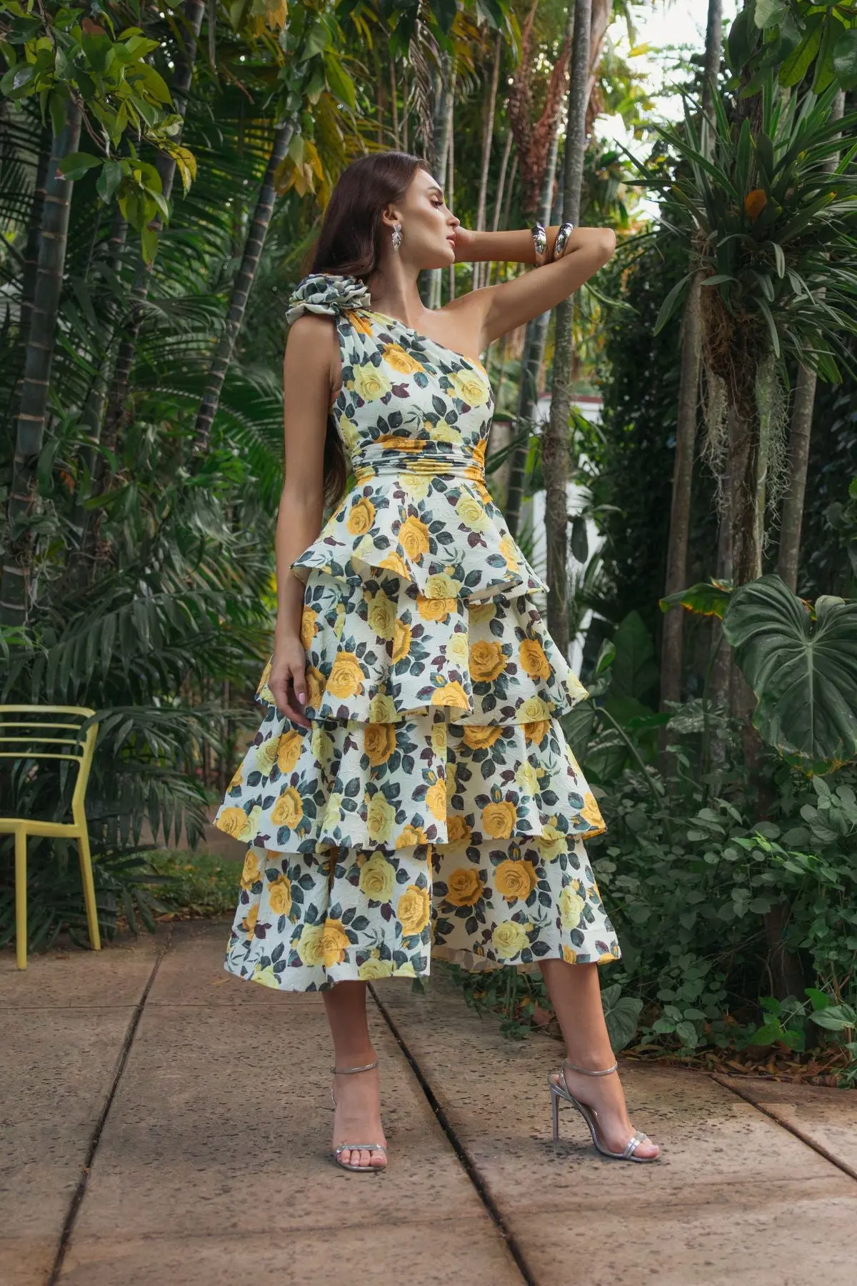 Yellow One Shoulder Floral Tiered Midi Dress - Image 5