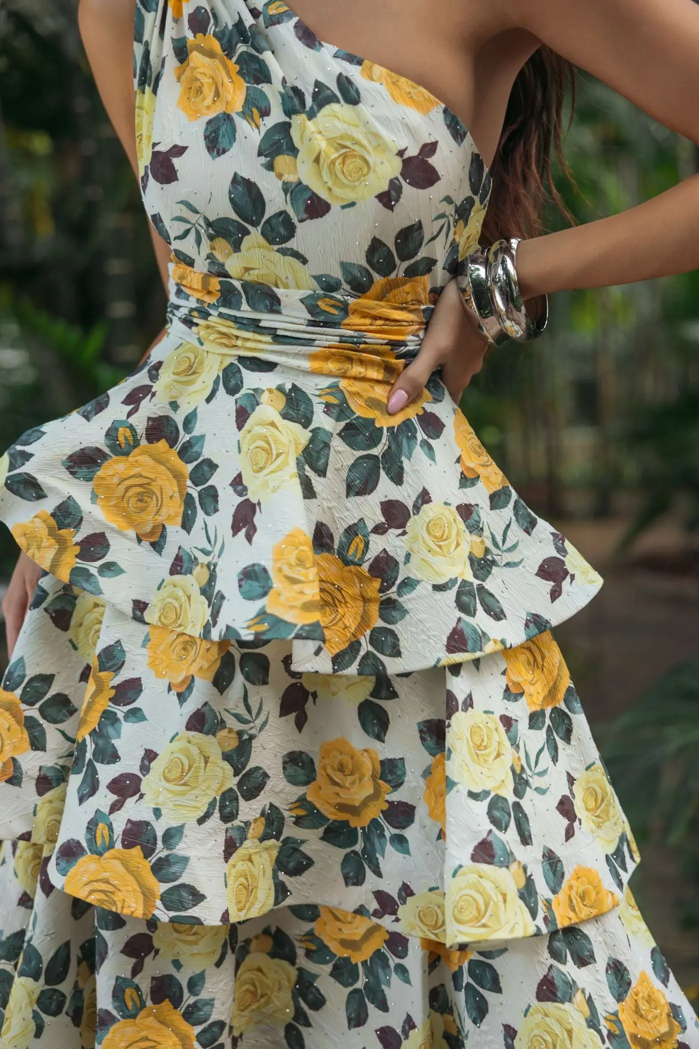 Yellow One Shoulder Floral Tiered Midi Dress - Image 8