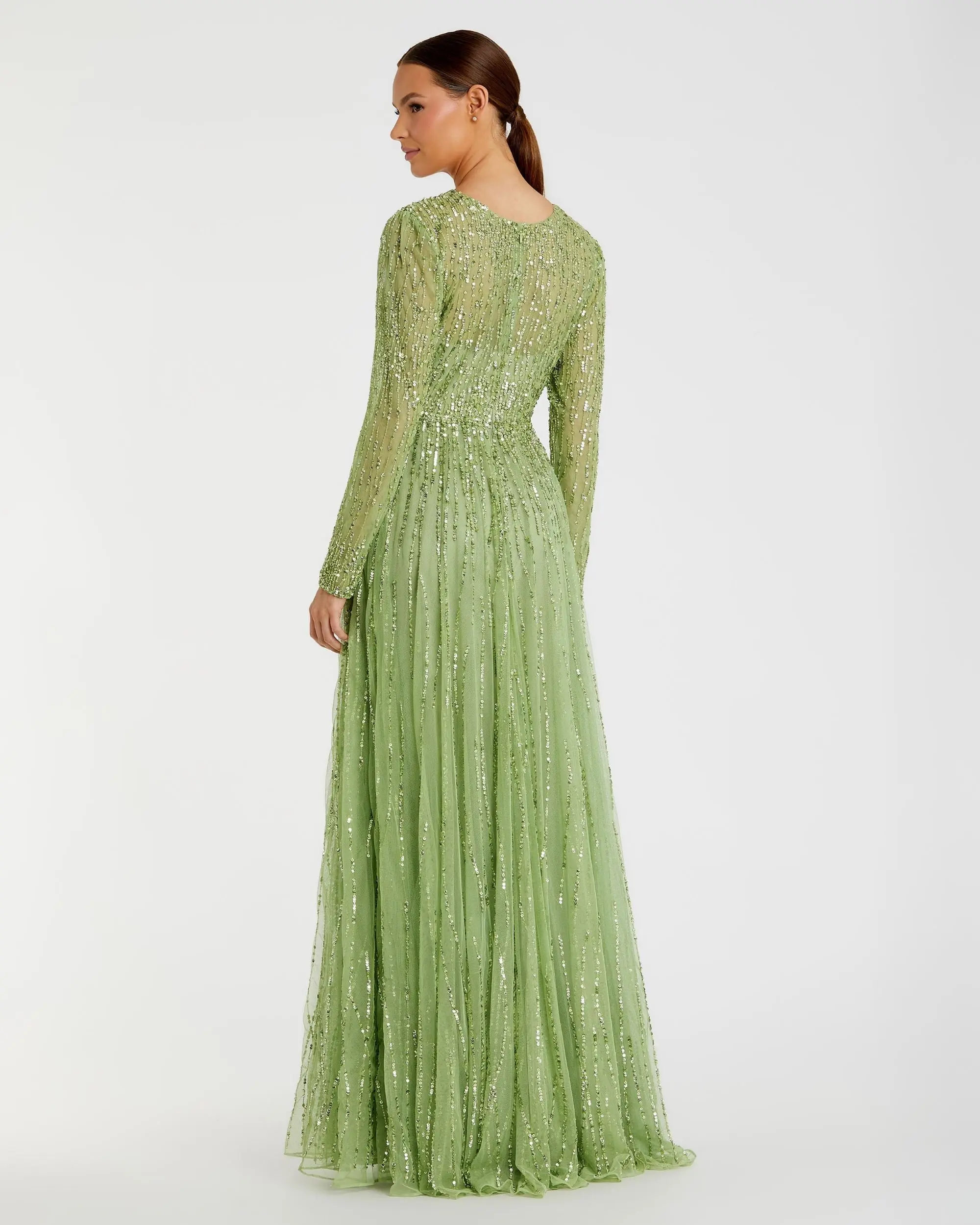 Green Illusion High Neck Long Sleeve Embellished Gown - Image 3