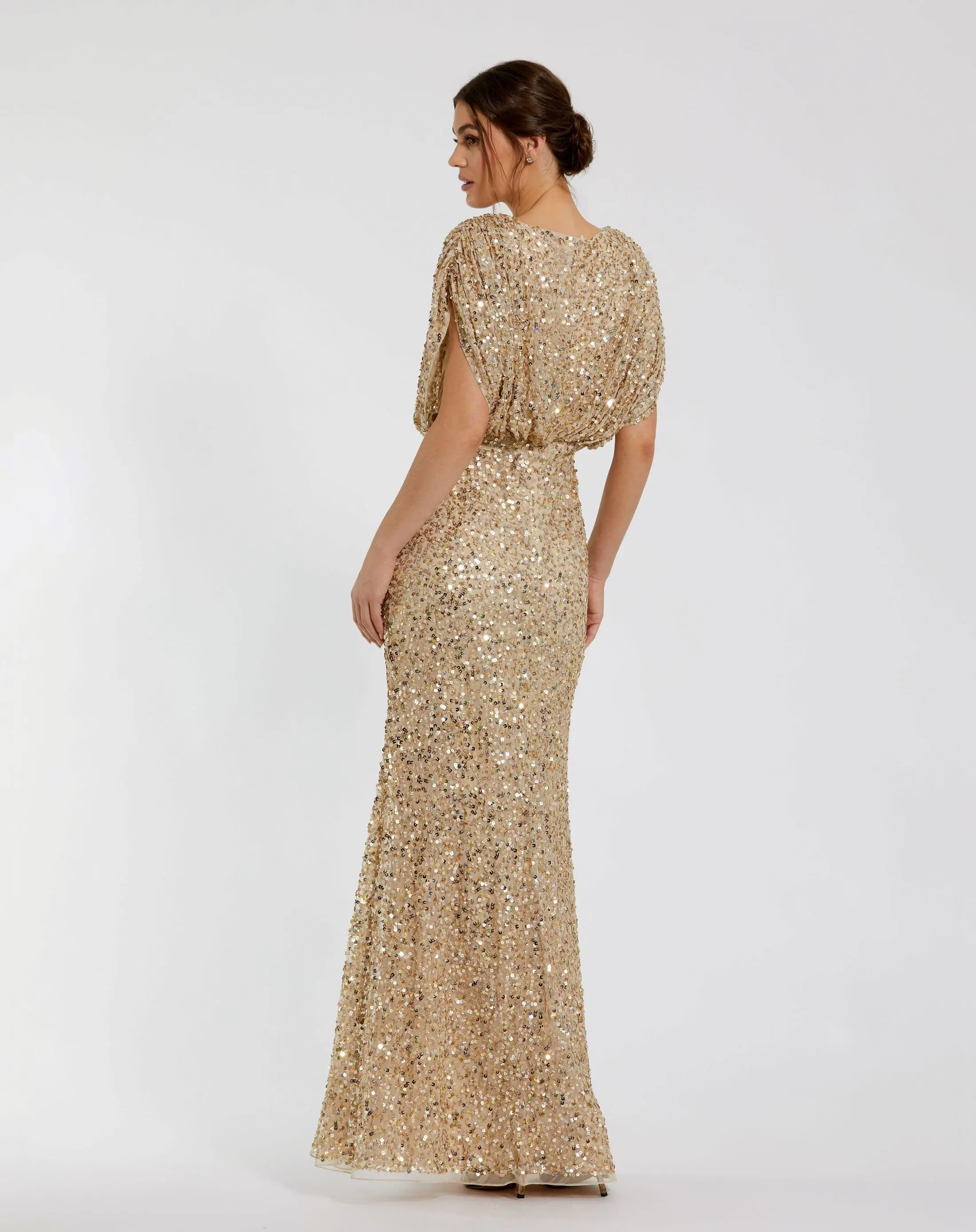 Gold Draped Sleeve V Neck Gown - Image 3