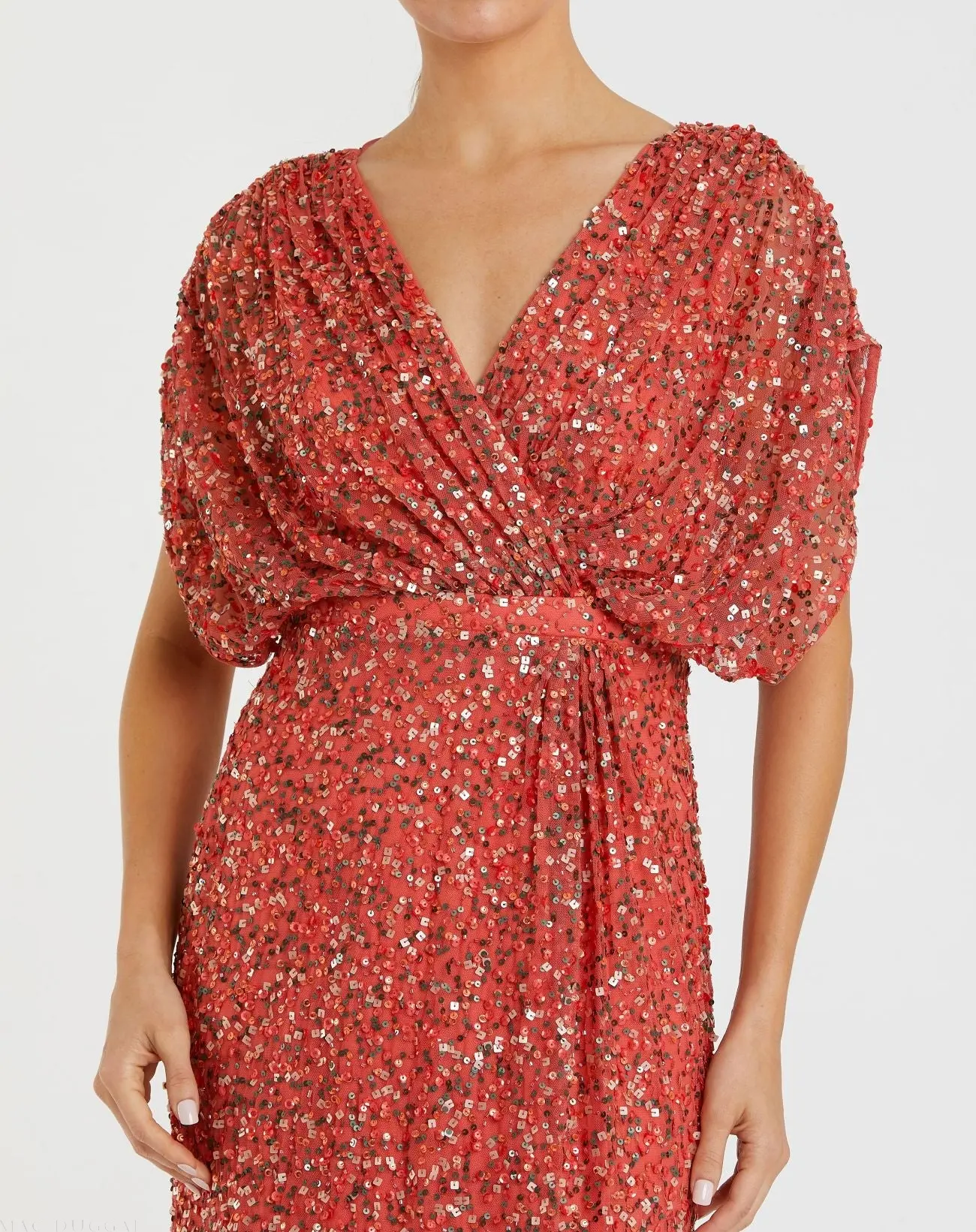 Red Draped Sleeve V Neck Gown - Image 2
