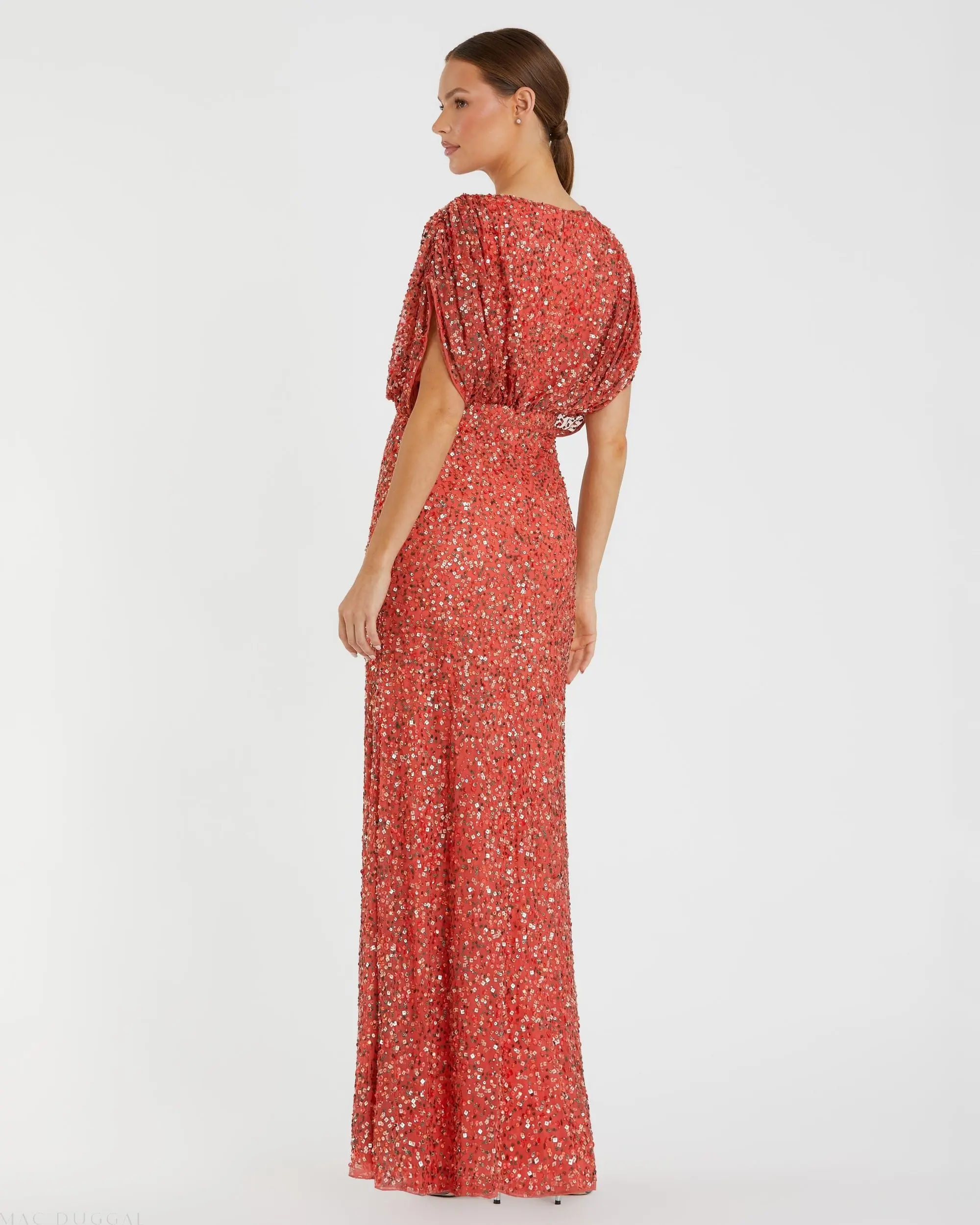 Red Draped Sleeve V Neck Gown - Image 3