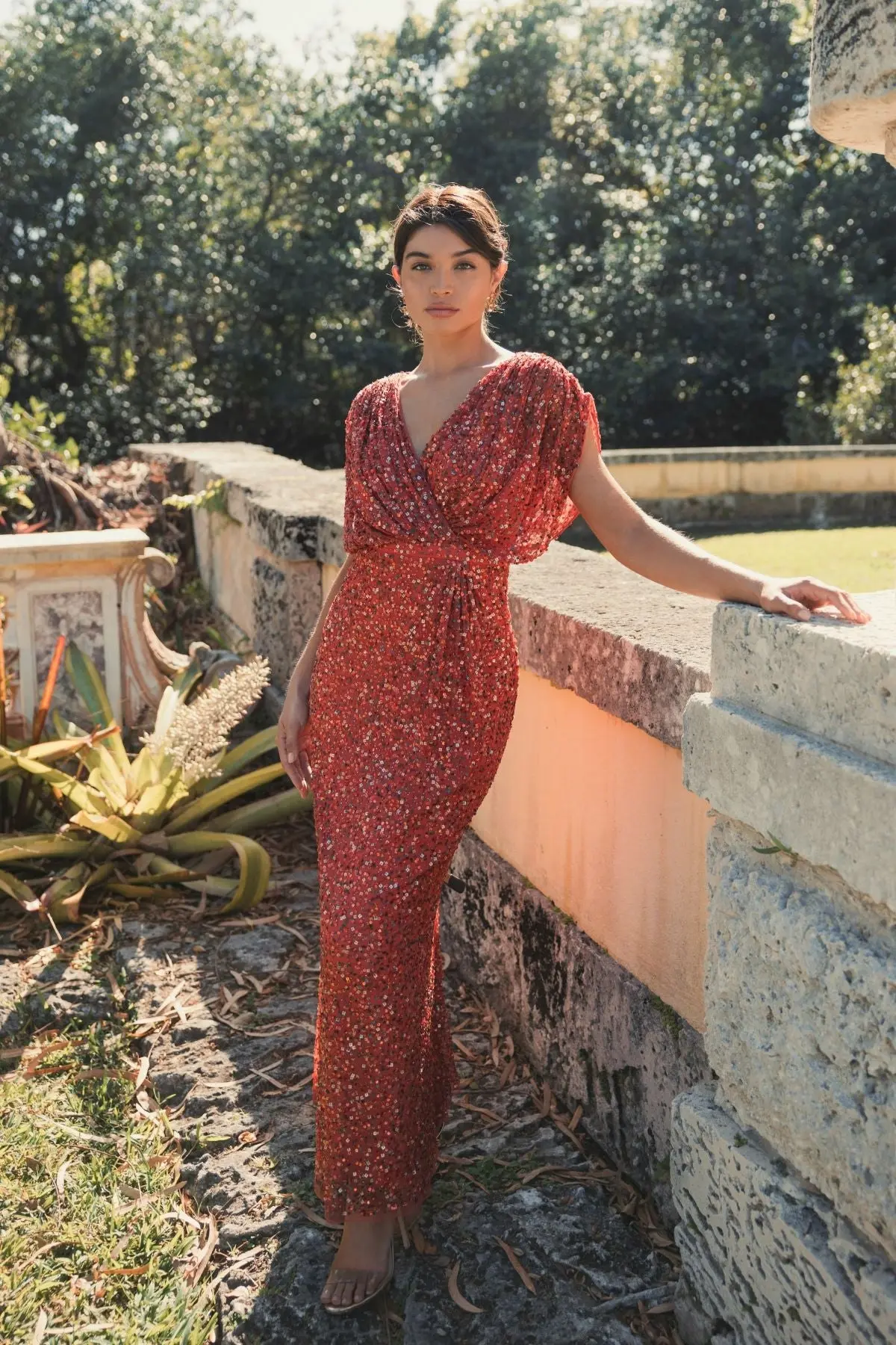 Red Draped Sleeve V Neck Gown - Image 4
