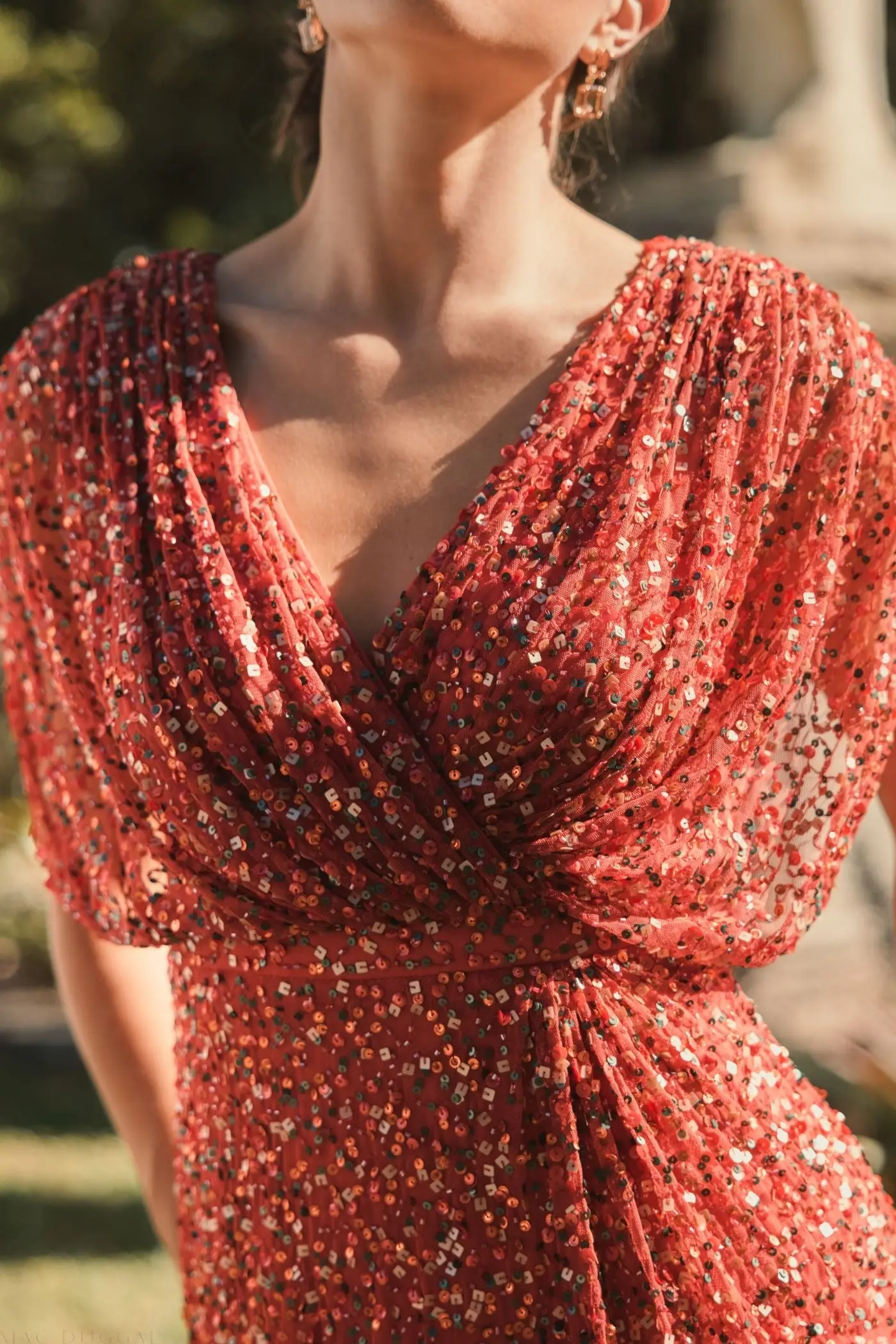 Red Draped Sleeve V Neck Gown - Image 5