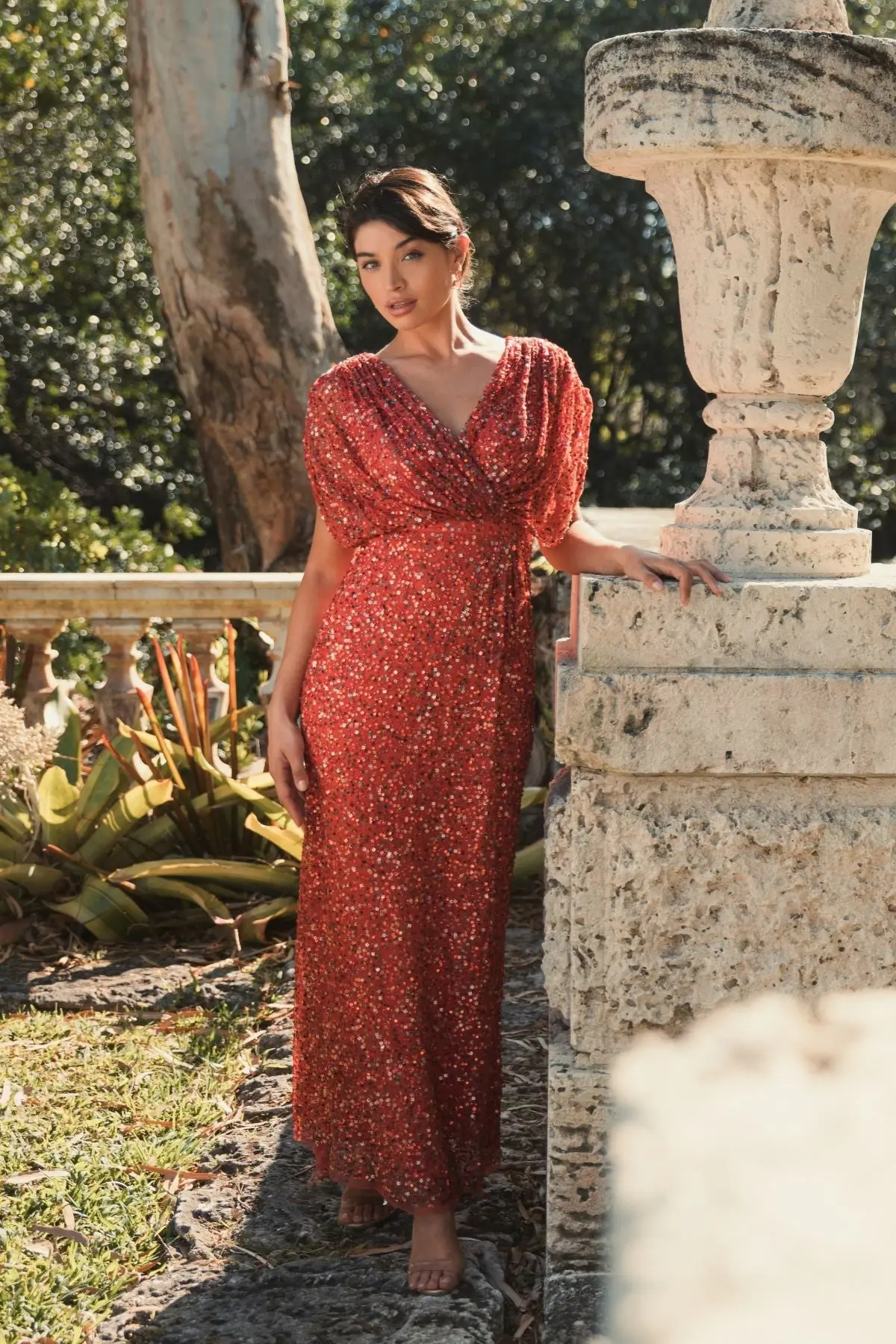 Red Draped Sleeve V Neck Gown - Image 6