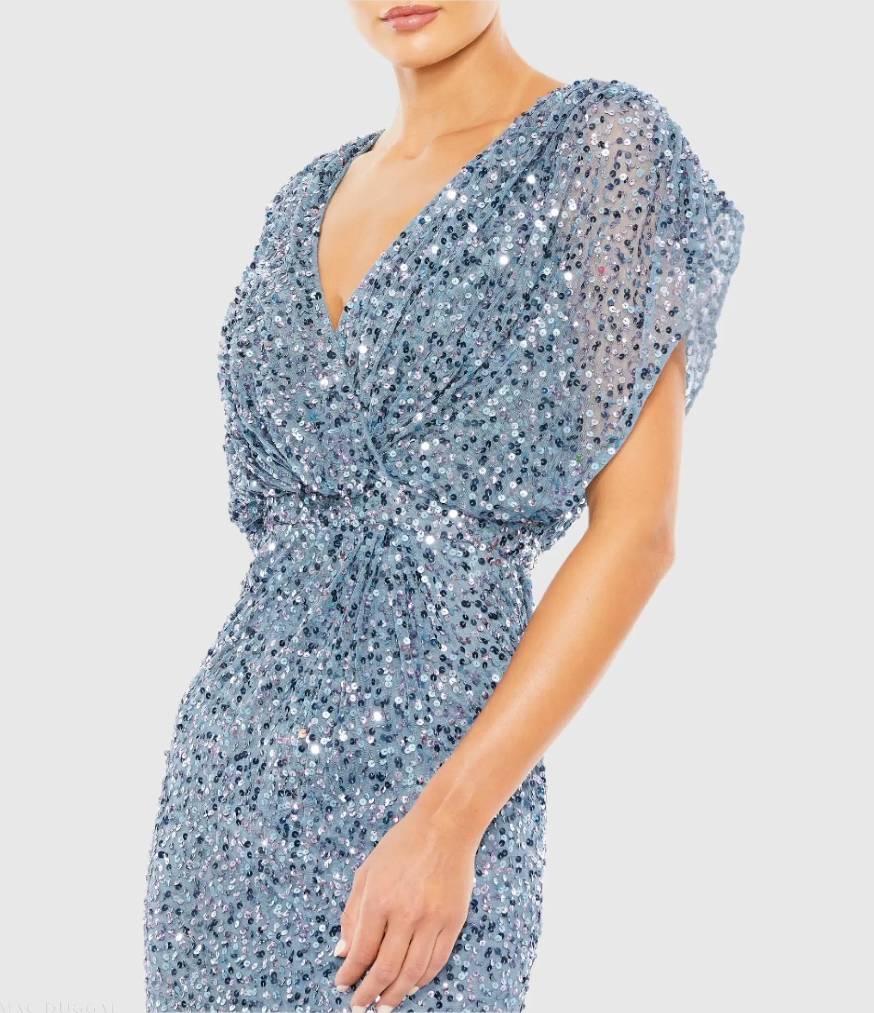 Blue Draped Sleeve V Neck Gown - Image 2