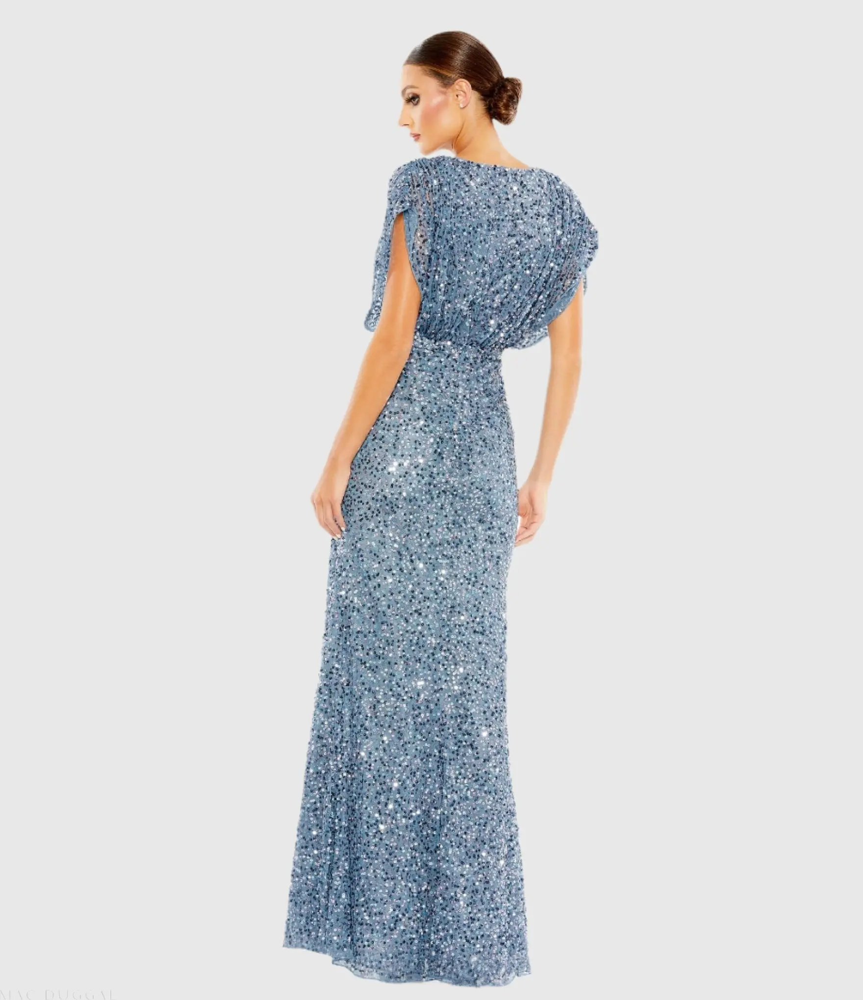 Blue Draped Sleeve V Neck Gown - Image 3
