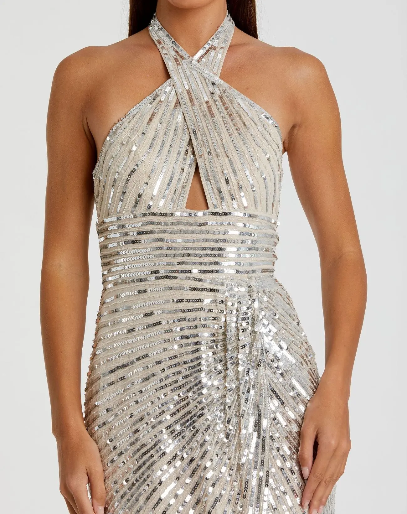 Silver Sequin Halter Keyhole Column Gown - Image 2