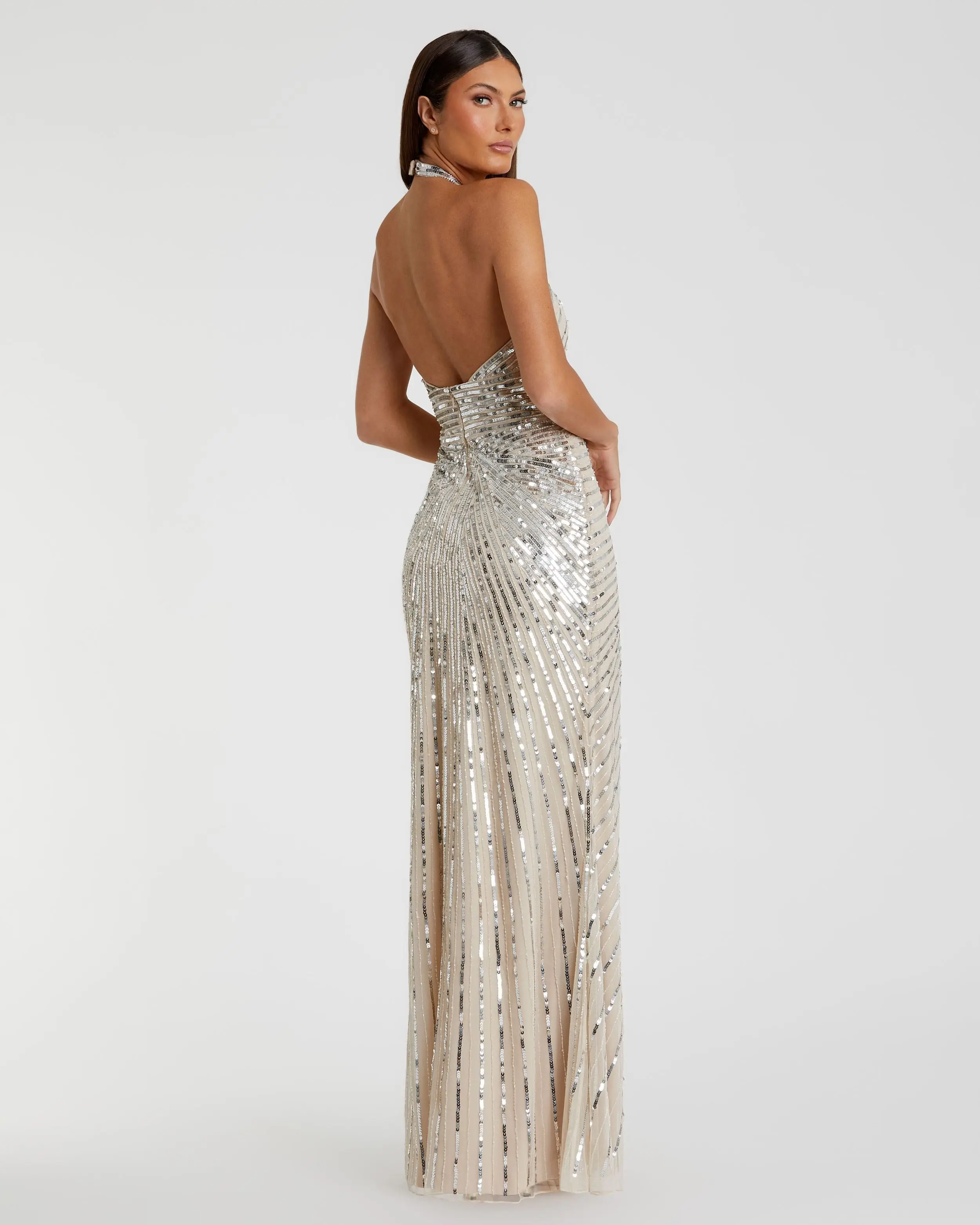 Silver Sequin Halter Keyhole Column Gown - Image 3