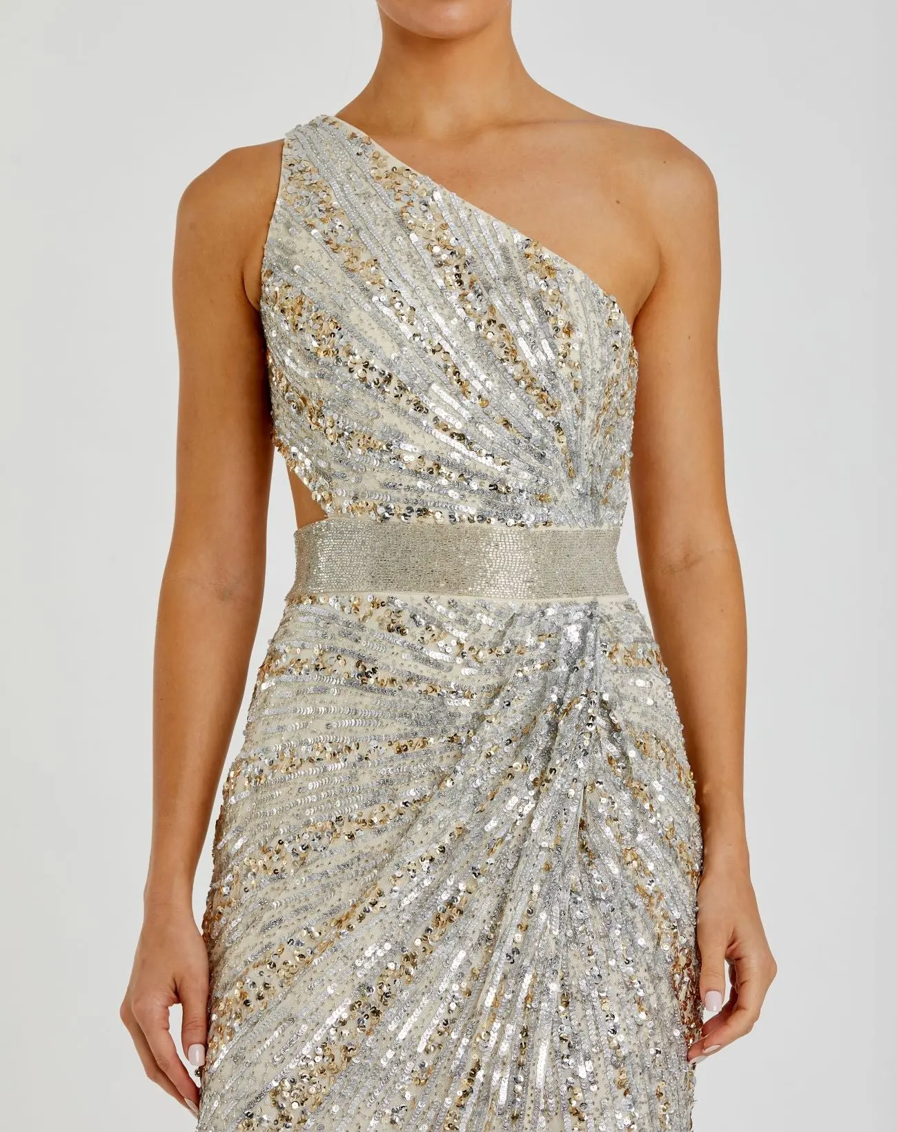 Silver Sequined One Shoulder Draped Lace Up Gown - Image 2