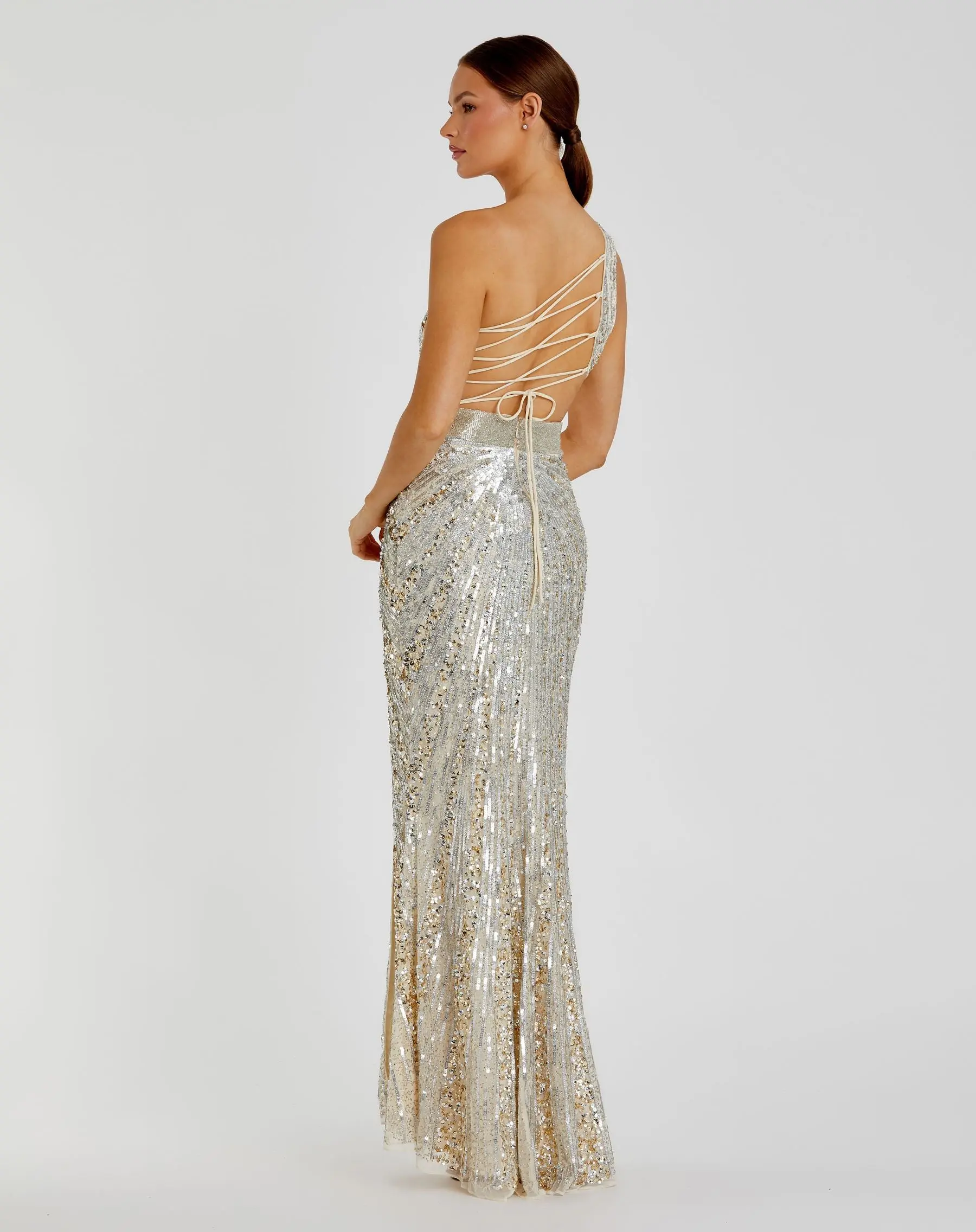 Silver Sequined One Shoulder Draped Lace Up Gown - Image 3