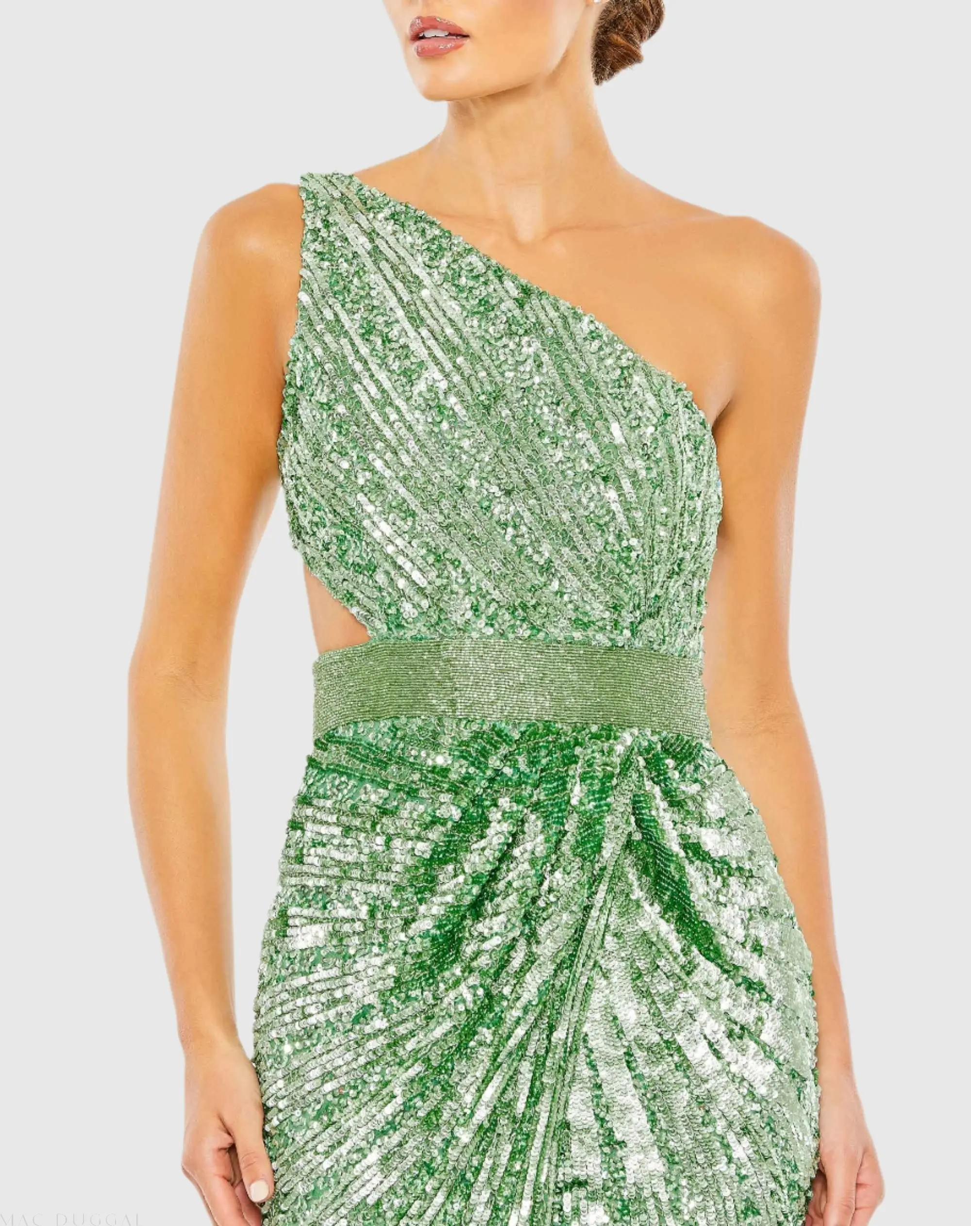 Green Sequined One Shoulder Draped Lace Up Gown - Image 2