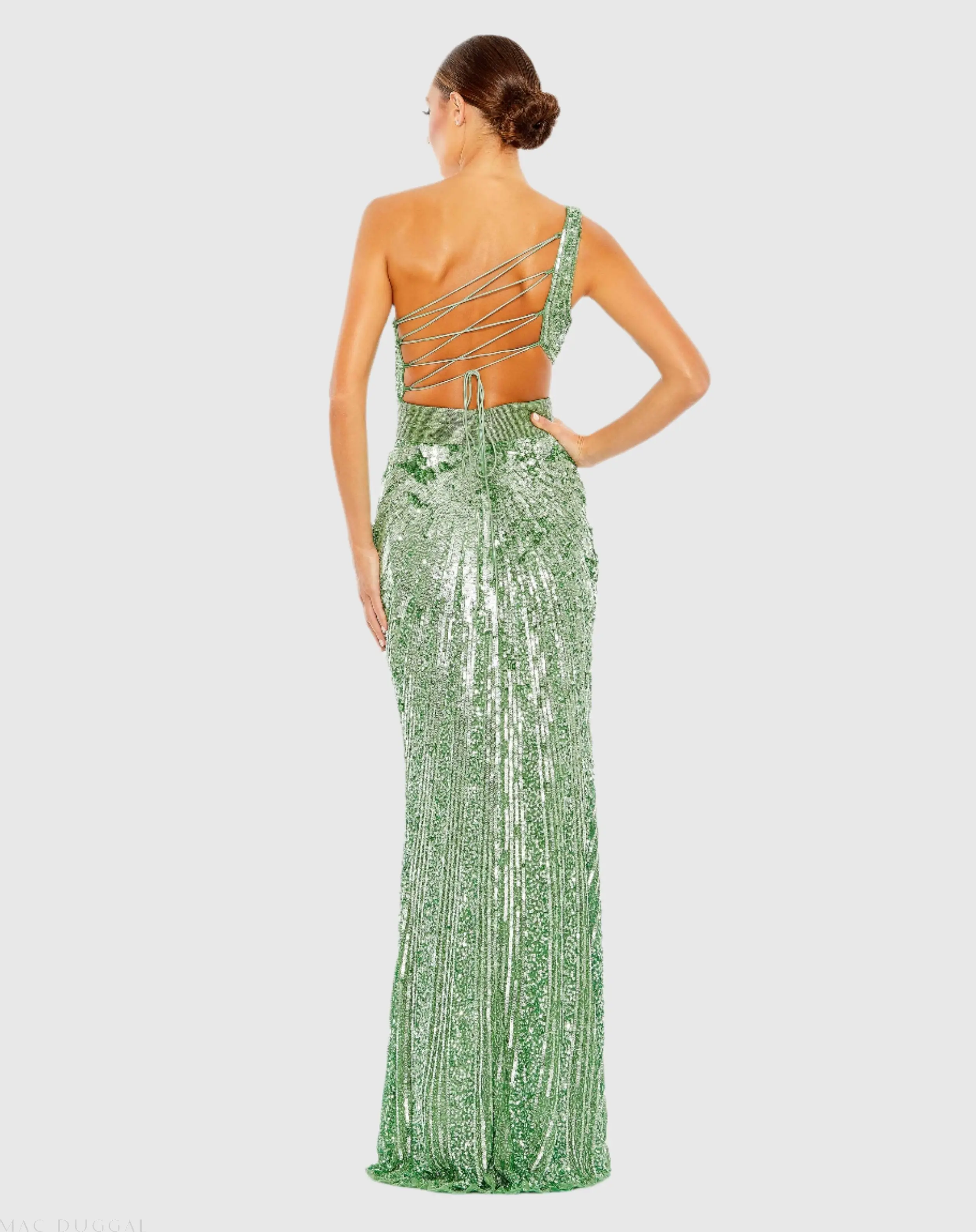 Green Sequined One Shoulder Draped Lace Up Gown - Image 3