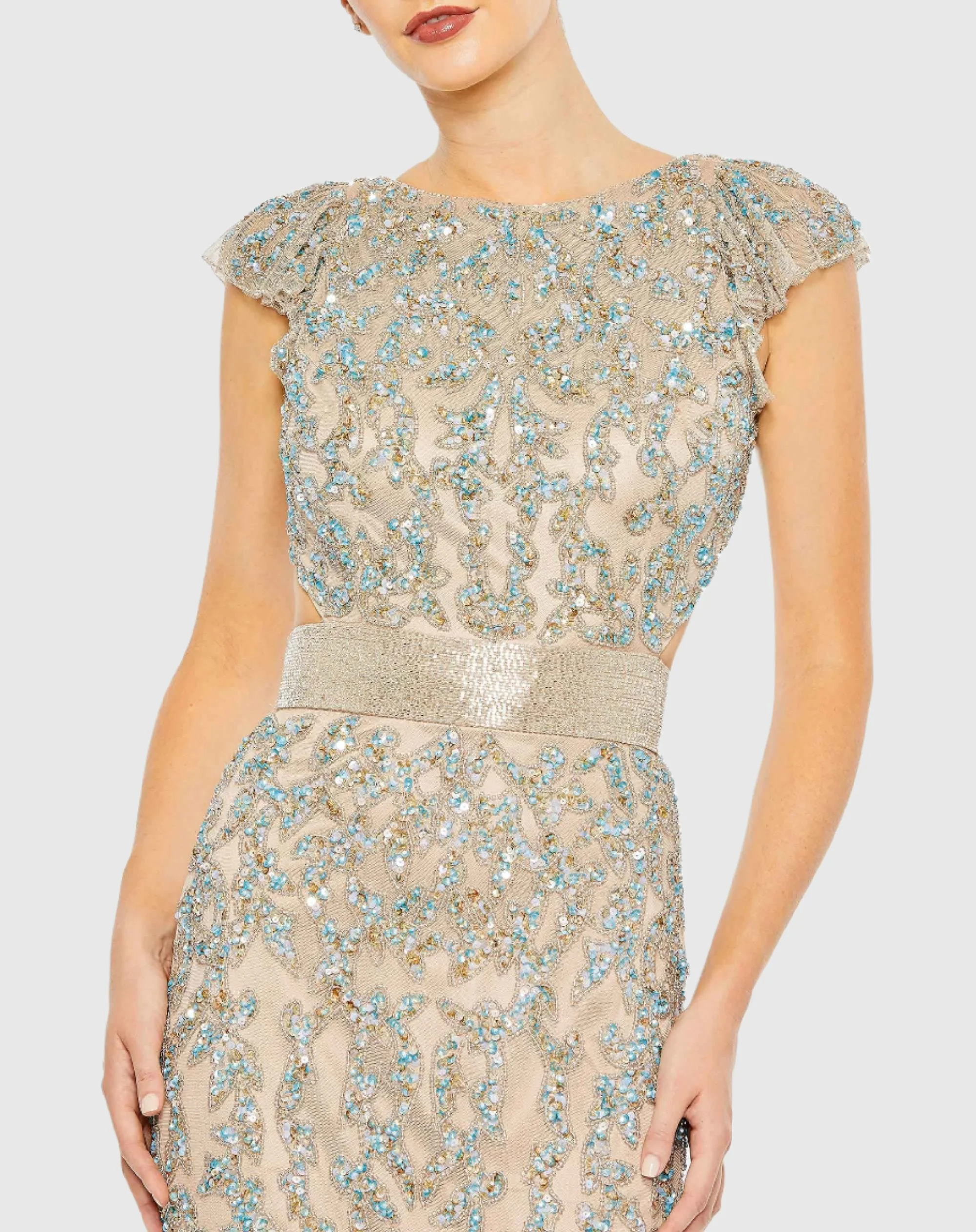 Beige Damask Sequin Embellished Open Back Lace Up Cap Sleeve Gown - Image 2