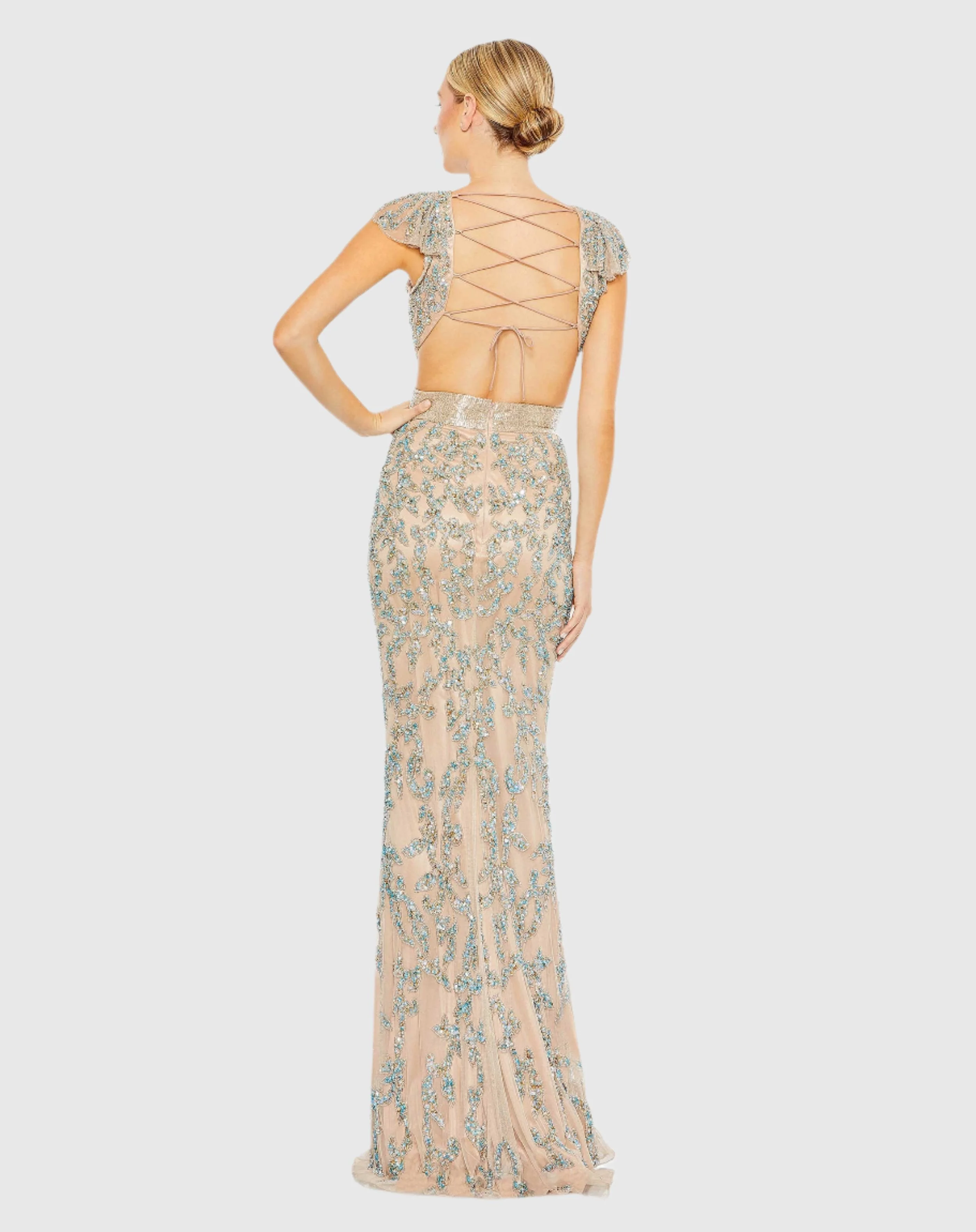 Beige Damask Sequin Embellished Open Back Lace Up Cap Sleeve Gown - Image 3